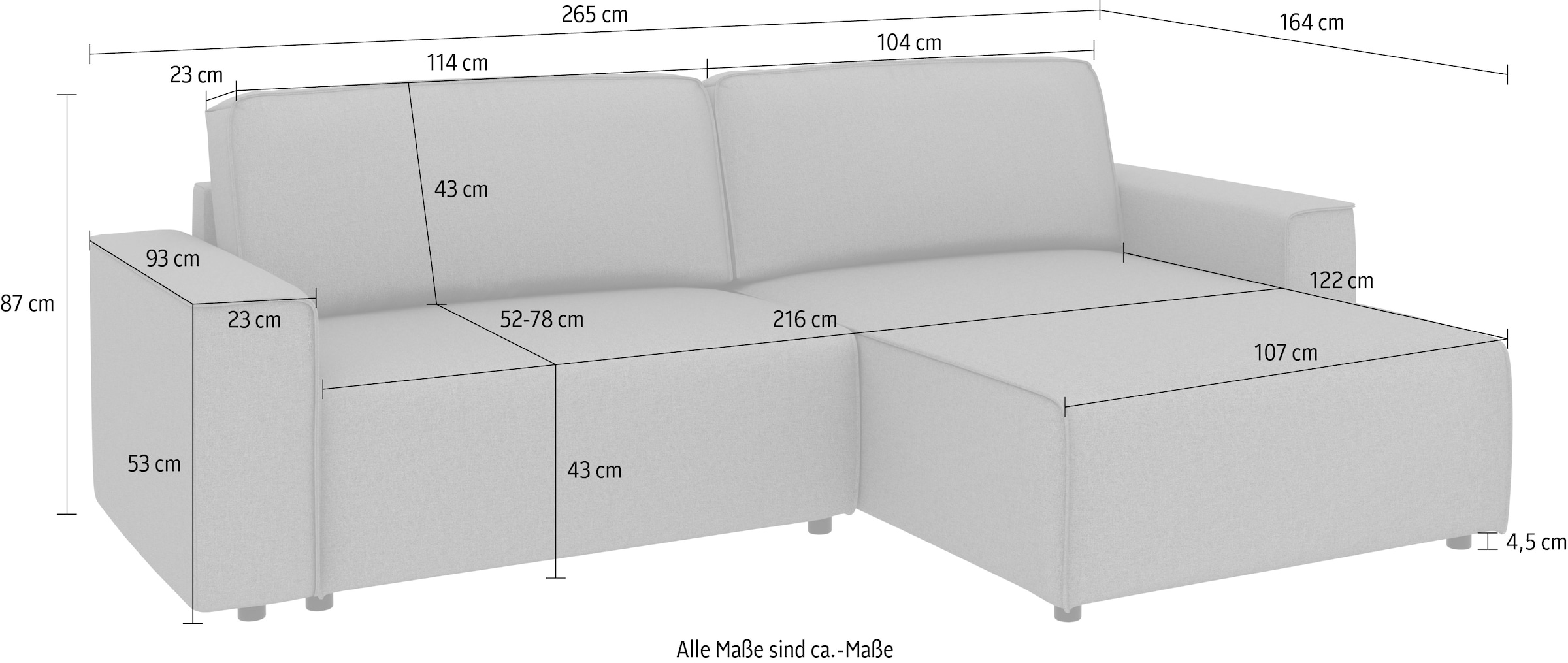 Home affaire Canapé d'angle »Chance, Recamiere beidseitig montierbar, Schlaffunktion, Breite 265 cm« en structure fine LINO, avec fonction couchage et coffre de lit