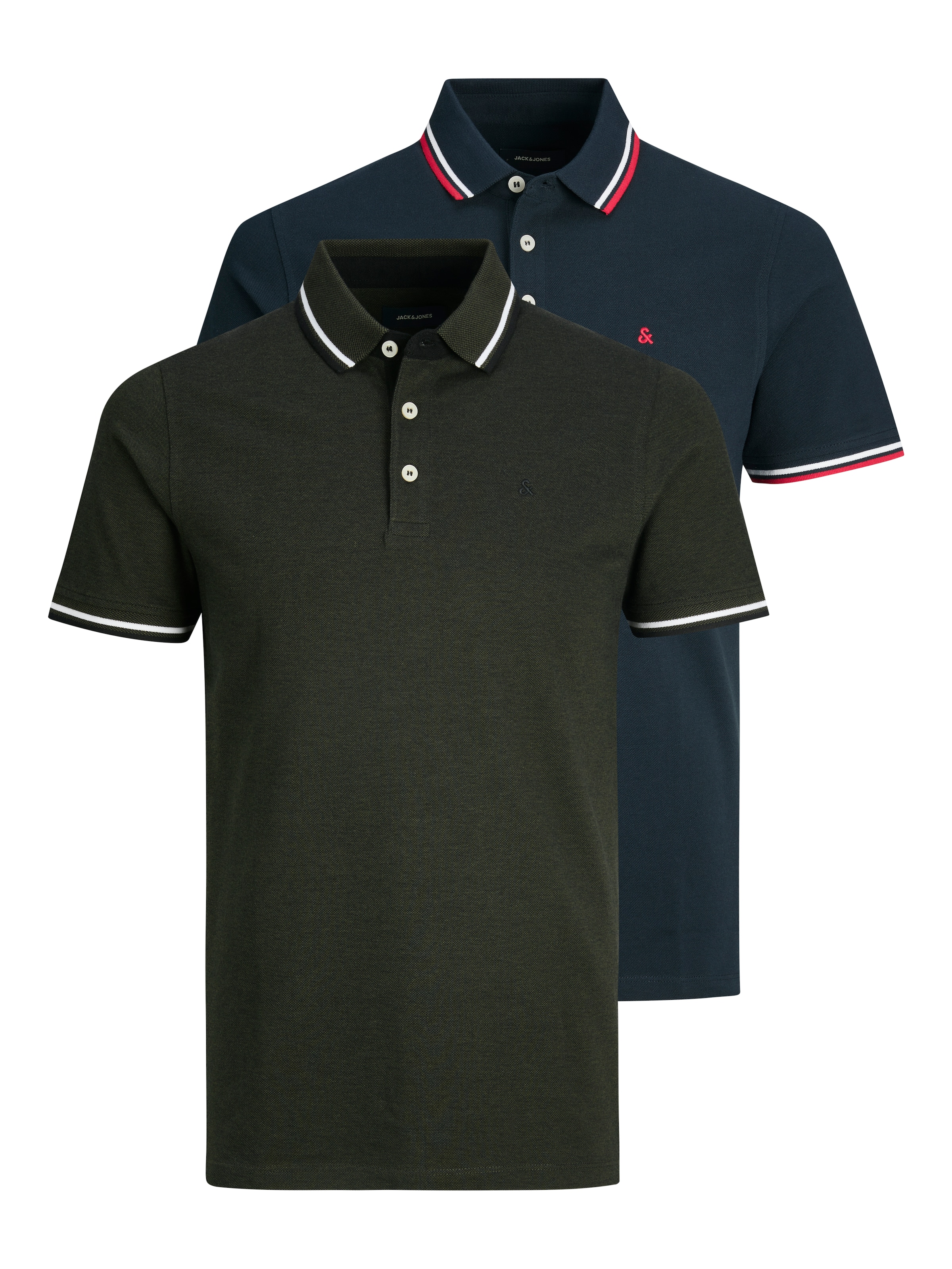 Jack & Jones Polo »JJEPAULOS im Doppelpack mit Logostickerei und Komfort« Packung, 2er-Pack, 2 cuis unifarben mit Farbeinsatz, modisch, schmal, Baumwolle, Polokragen