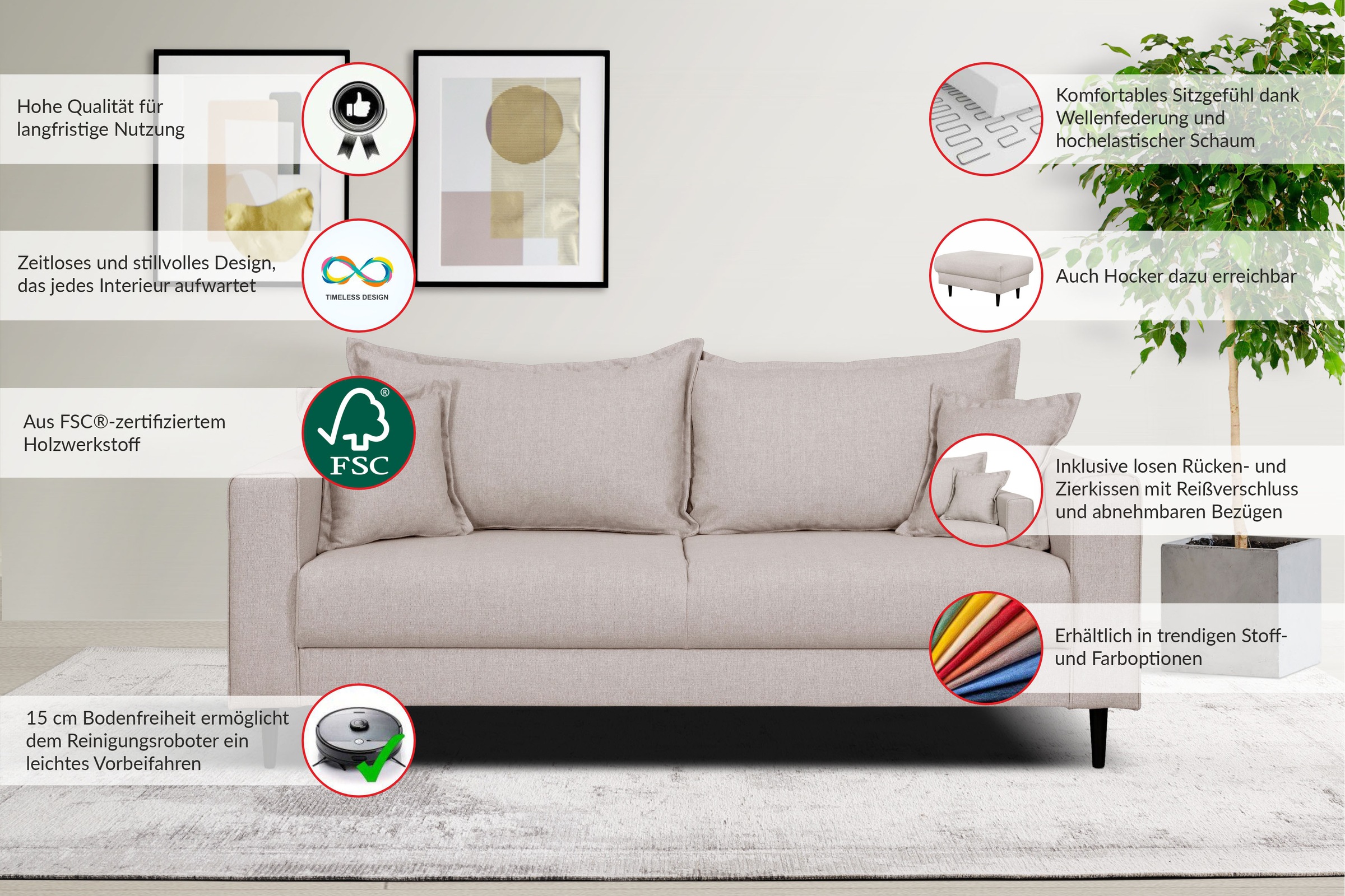 Home affaire 2-Sitzer »VEYRAS, hoher Sitzkomfort, Masse B/T/H:  162/84/76 cm« mit Wellenunterfederung, incl. Rückenkissen und Zierkissen