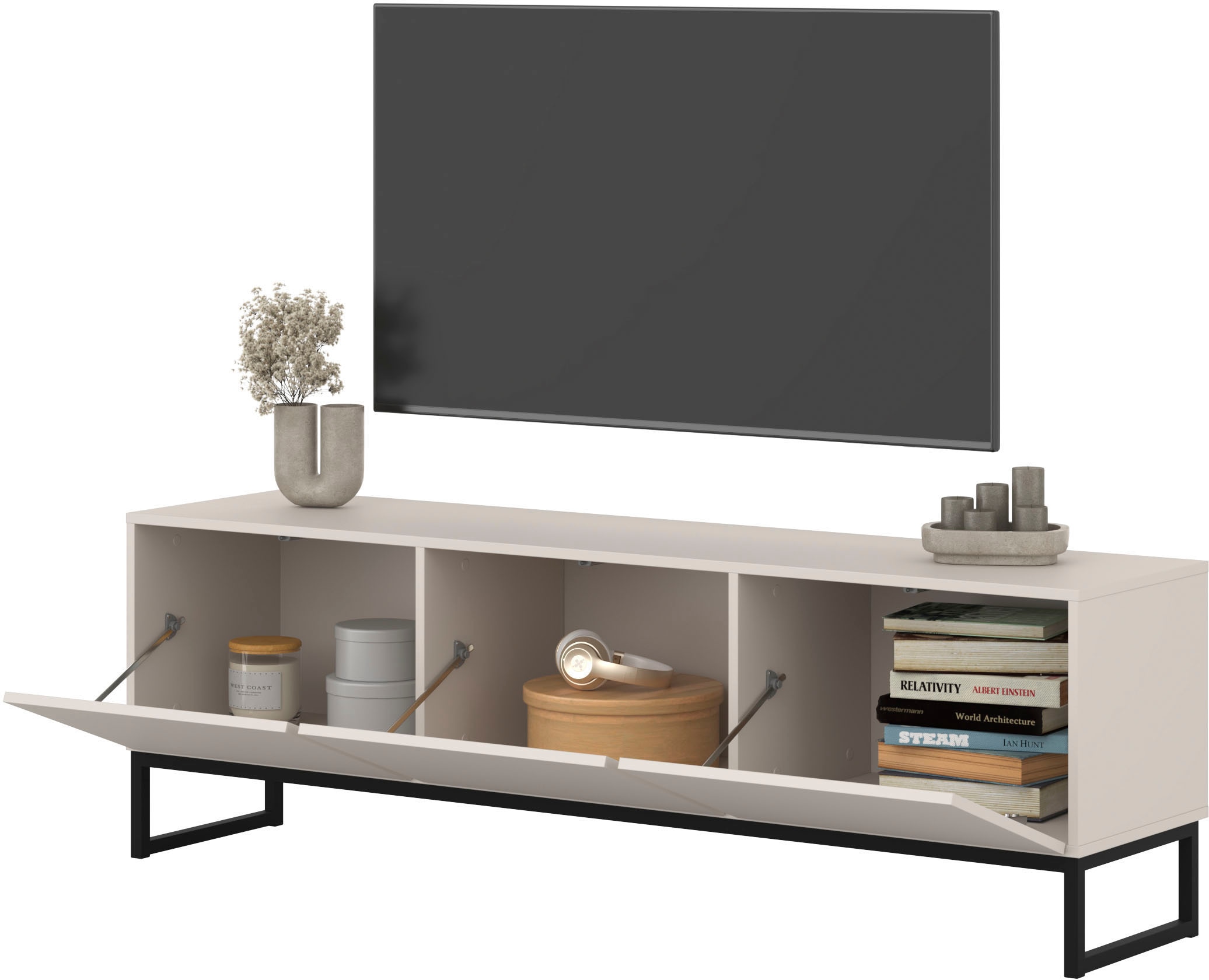 GOODproduct Table basse »Loft, Breite 157 cm, TV-Board 3 Klappen, Metallkufen« commode TV avec beaucoup de rangement, fonction push-to-open