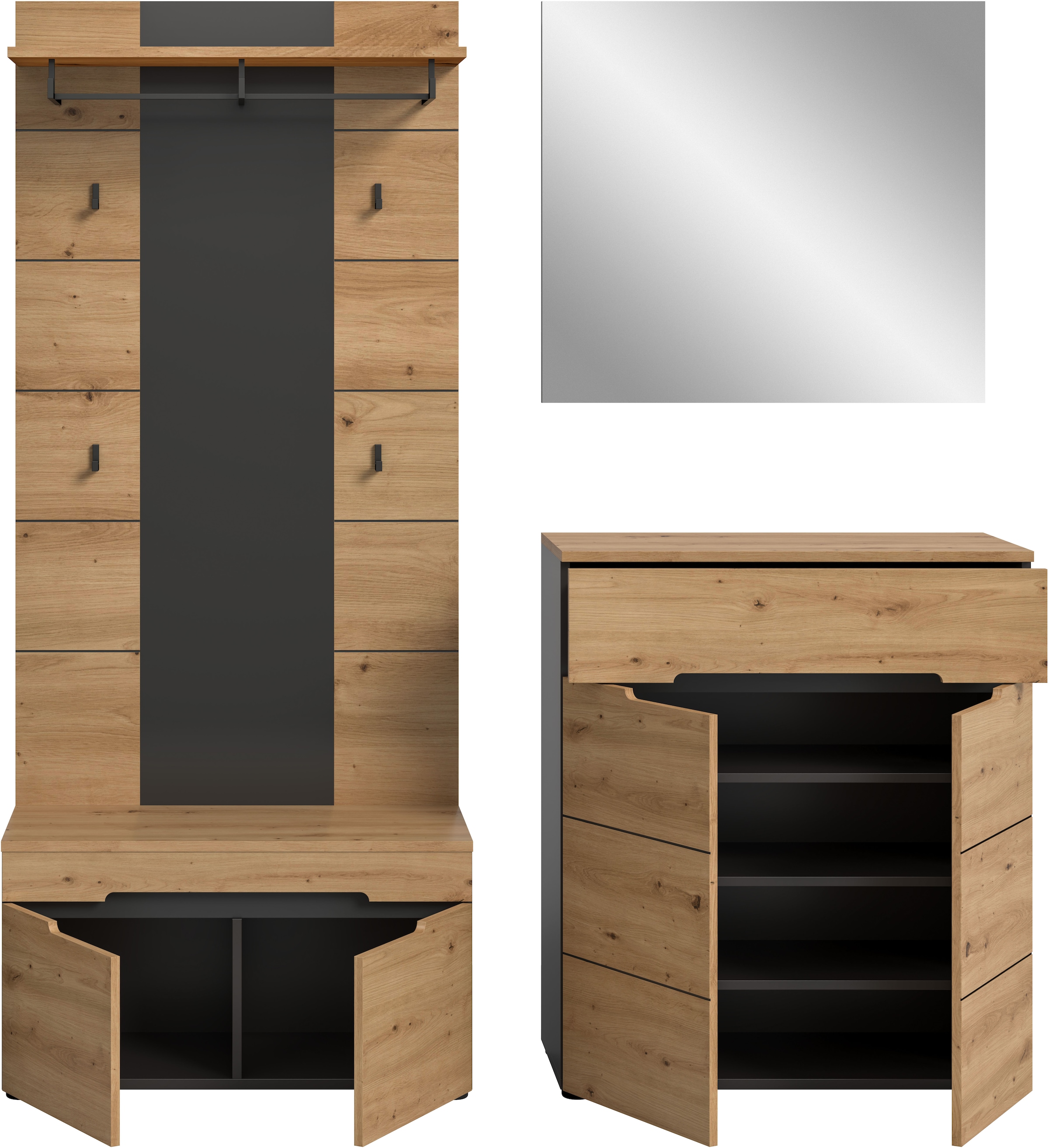 Home affaire Garderoben-Set »REHAT, TOPSELLER!, 4-teilig, Breite 175 cm, individuell erweiterbar« Set, bestehend aus: Sitzbank, Paneel, Spiegel und Kommode, 4 Stk. tlg.