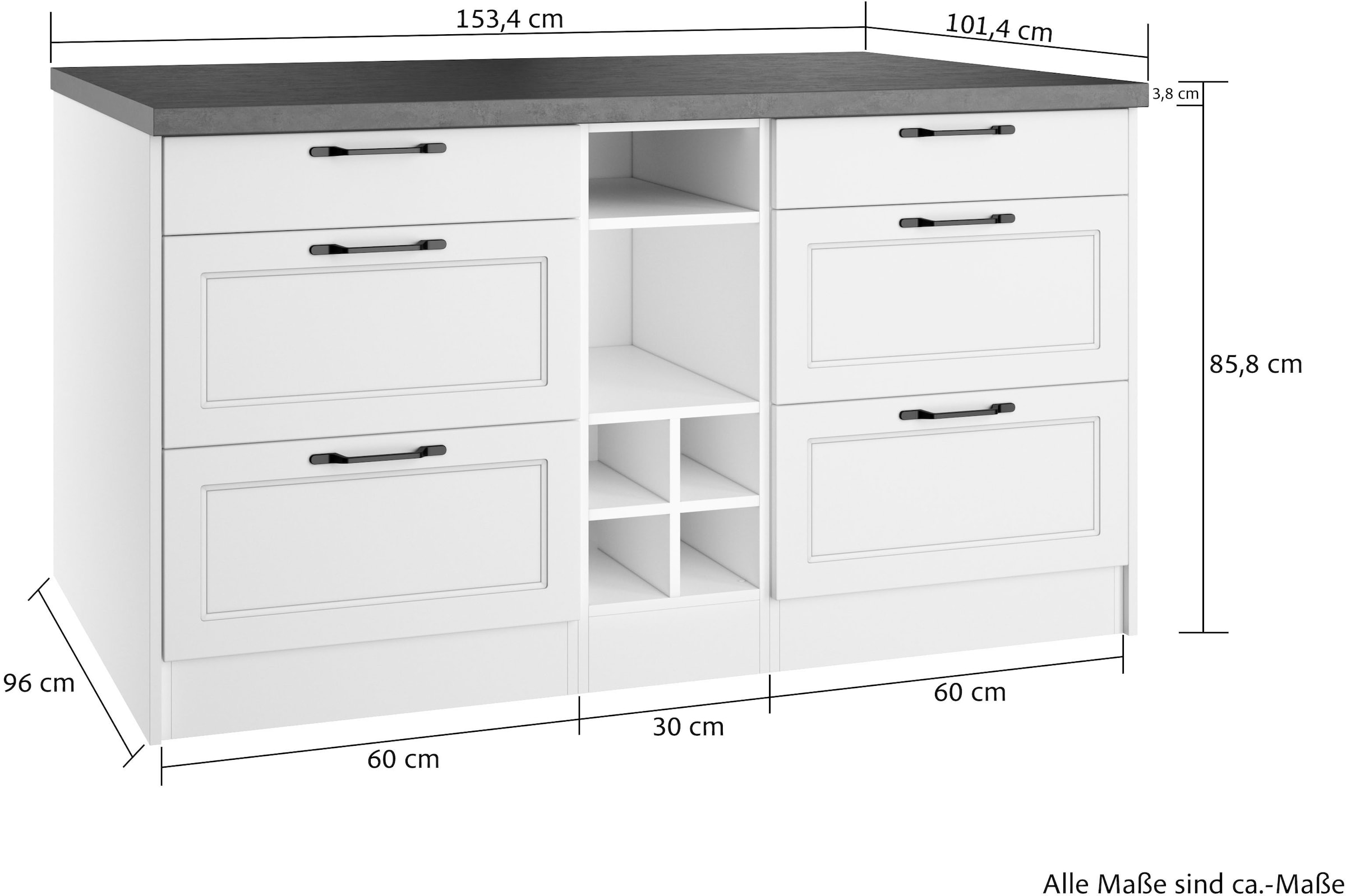 KOCHSTATION Ilot de cuisine »KS-Lani, Breite 153 cm, mit Flaschenregal« façades MDF, plan de travail épaisseur 38mm