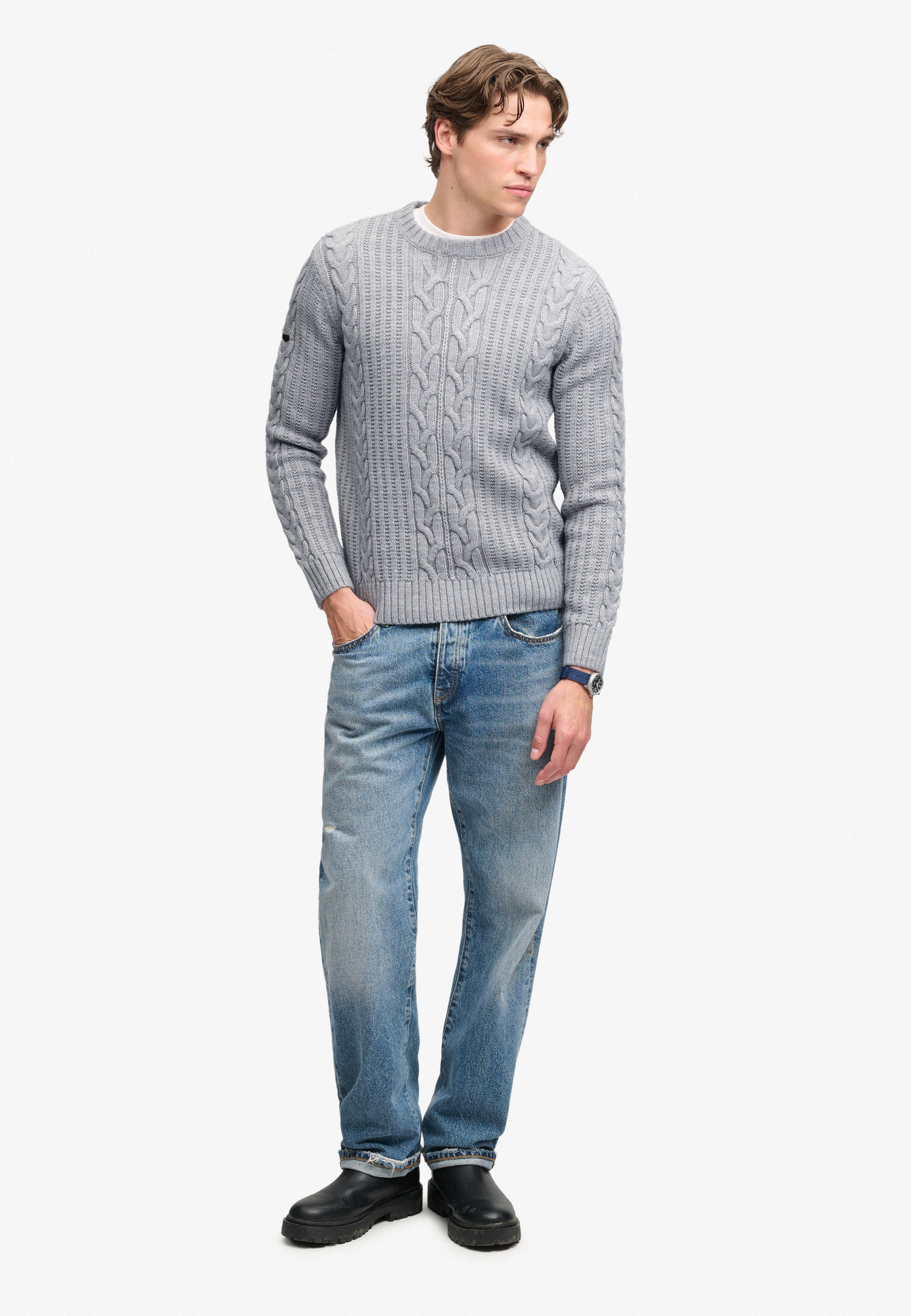 Superdry Rundhalspullover »JACOB CABLE JUMPER« Materialmix, regular fit