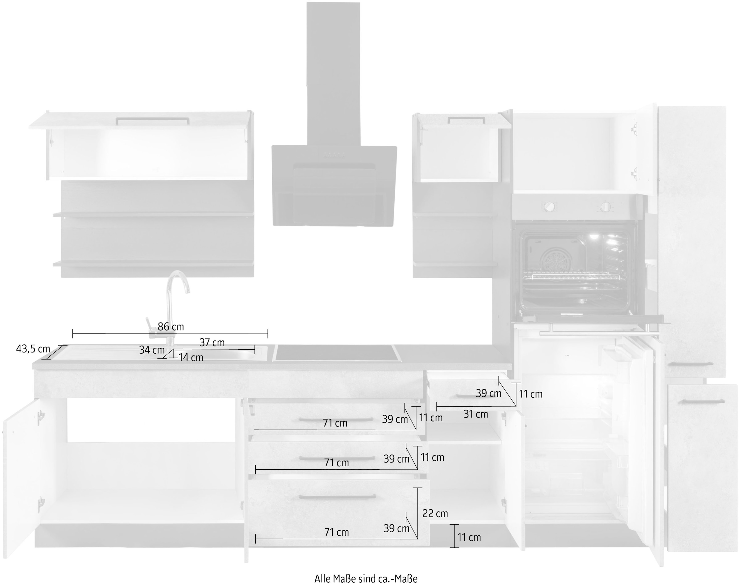 KOCHSTATION Küchenzeile »KS-Tulsa« ohne E-Geräte, Breite 290 cm, schwarze Metallgriffe, MDF Fronten