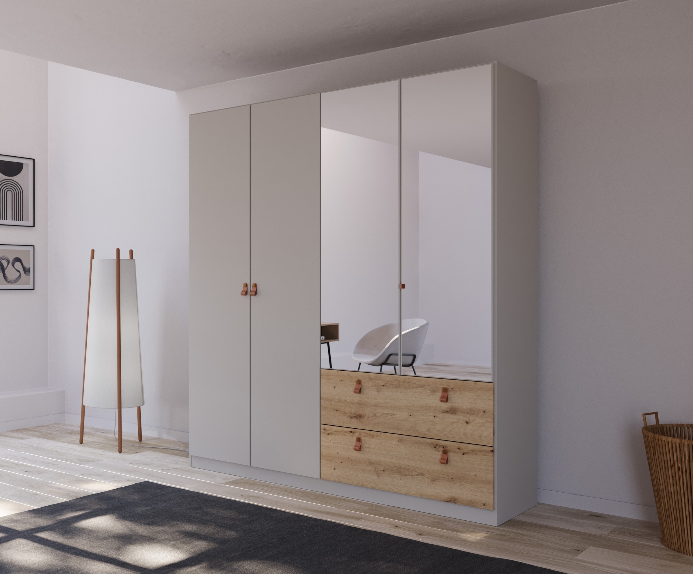 rauch Drehtürenschrank »Kleiderschrank Schrank Garderobe Ankleide HOMEY BY QUADRA SPIN« Breiten: 181/226/271 cm, Höhe 210 cm,  mit cognacbraunen Ledergrifflaschen, Schubladen in Eichen-Dekor
