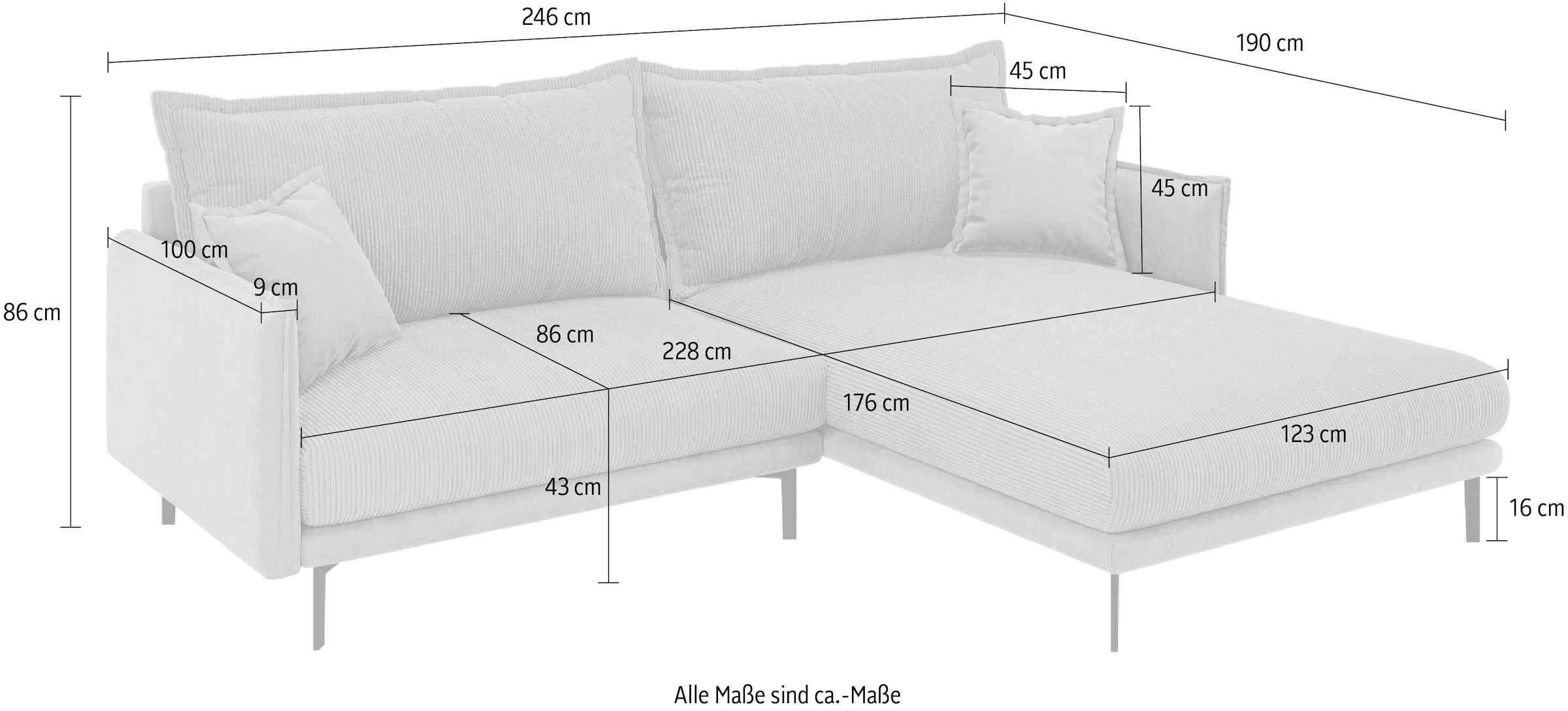 INOSIGN Ecksofa »ALEXANDRIA mit Recamiere rechts oder links bestellbar, moderne Bezüge« L-Form mit Wellenunterfederung, Masse: B/H/T 246/86/190 cm