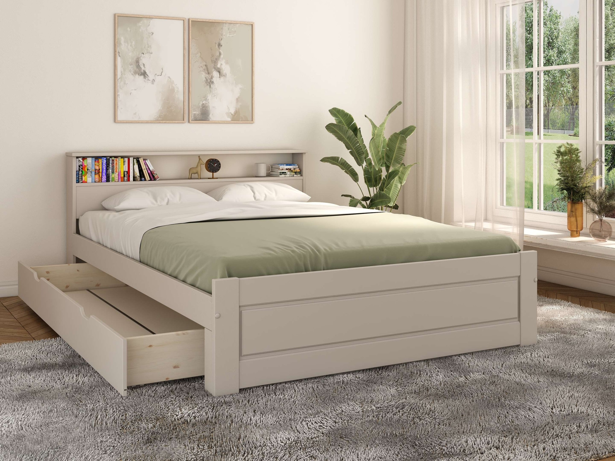 GOODproduct Massivholzbett »FLAVION,  Jugendbett, Stauraum, FSC® zertifizierte Kiefer« Breite: 90, 140, 180,  Qualitätsprodukt, Regal, Kassettenoptik, Schublade optional