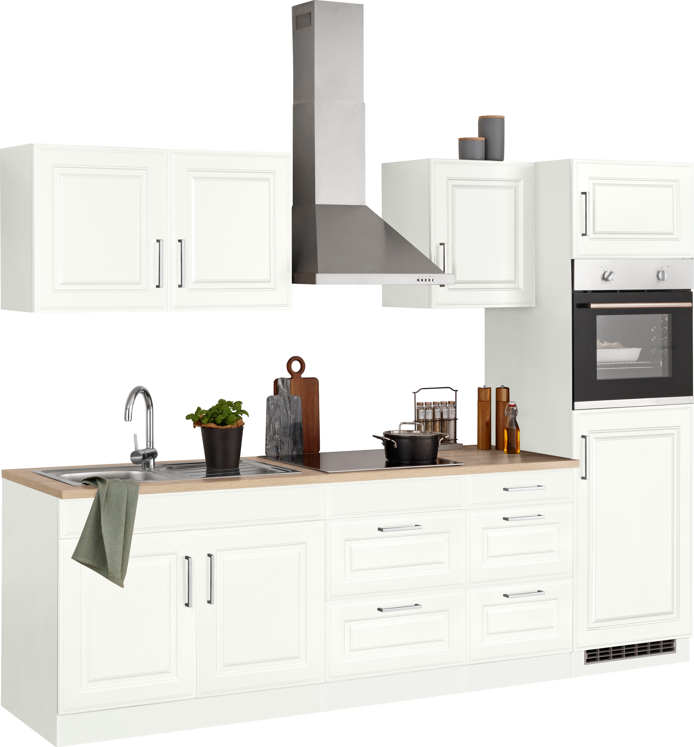 KOCHSTATION Kitchenette »KS-Stockholm – Küche mit hochwertiger und detailreicher Landhausfront« largeur 270 cm, avec appareils électroménagers en option, façades MDF