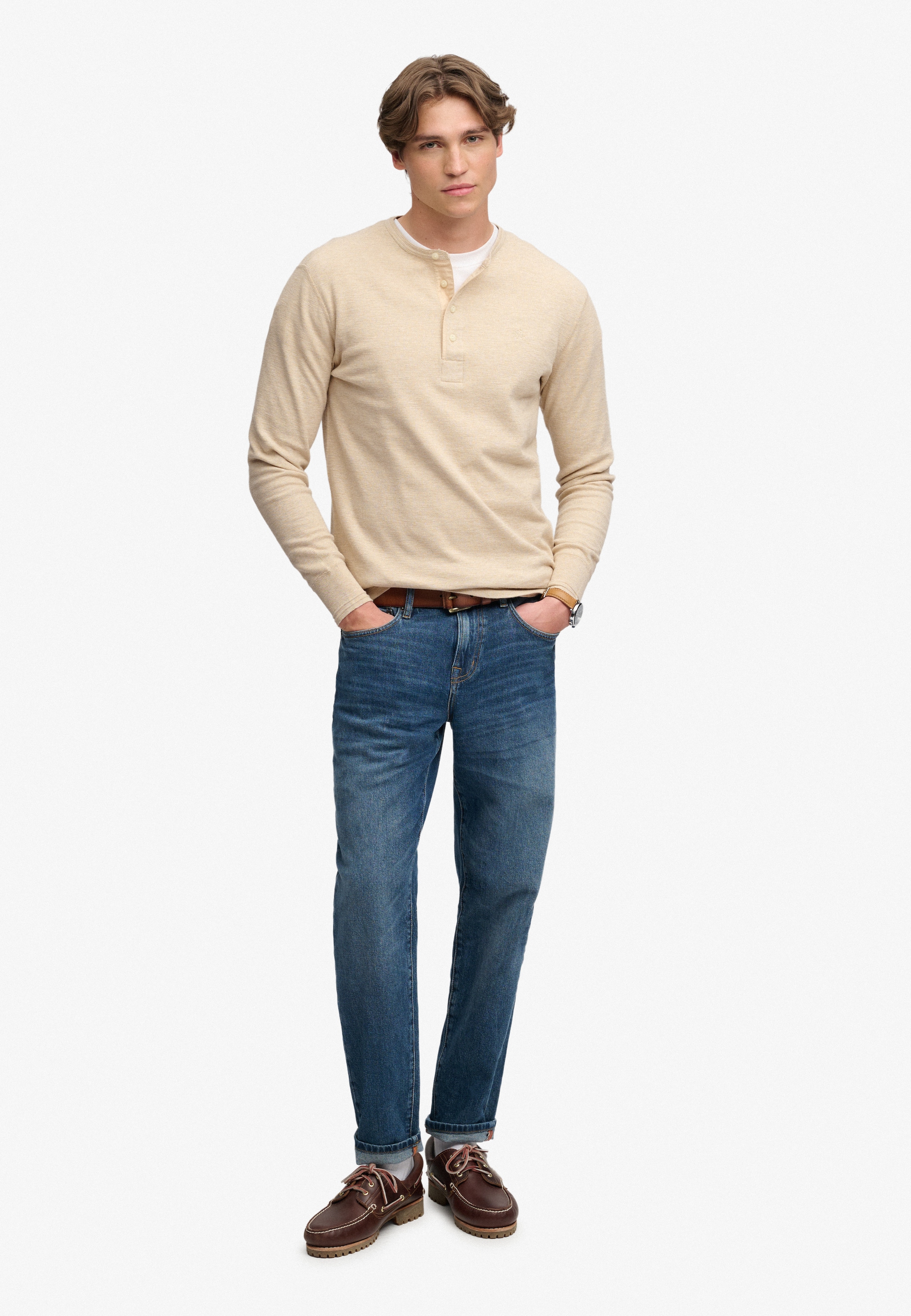 Superdry T-shirt à manches longues »MINI SLUB WAFFLE LS GRANDAD« Coupe ample, col rond, en coton