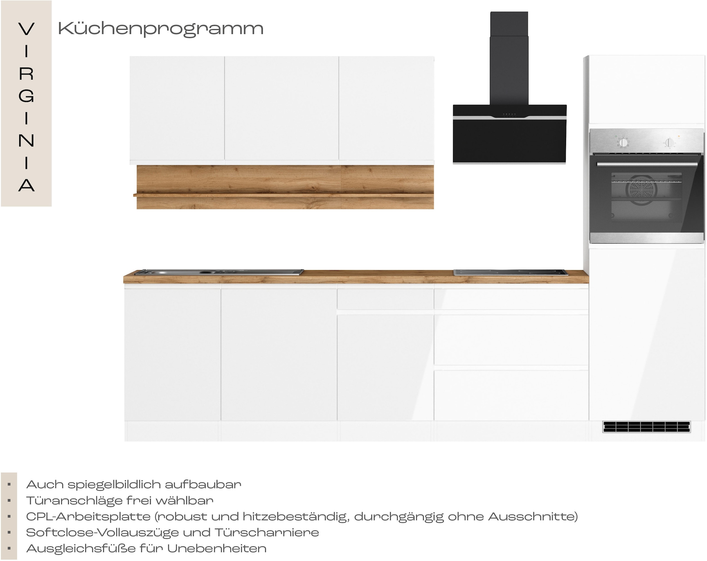 KOCHSTATION Kitchenette »KS-Virginia,neu in verbesserter Ausführung« plan de travail épaisseur 38 mm, rangement, fermeture douce,  largeur 300 cm, fermeture douce, avec appareils électriques en option