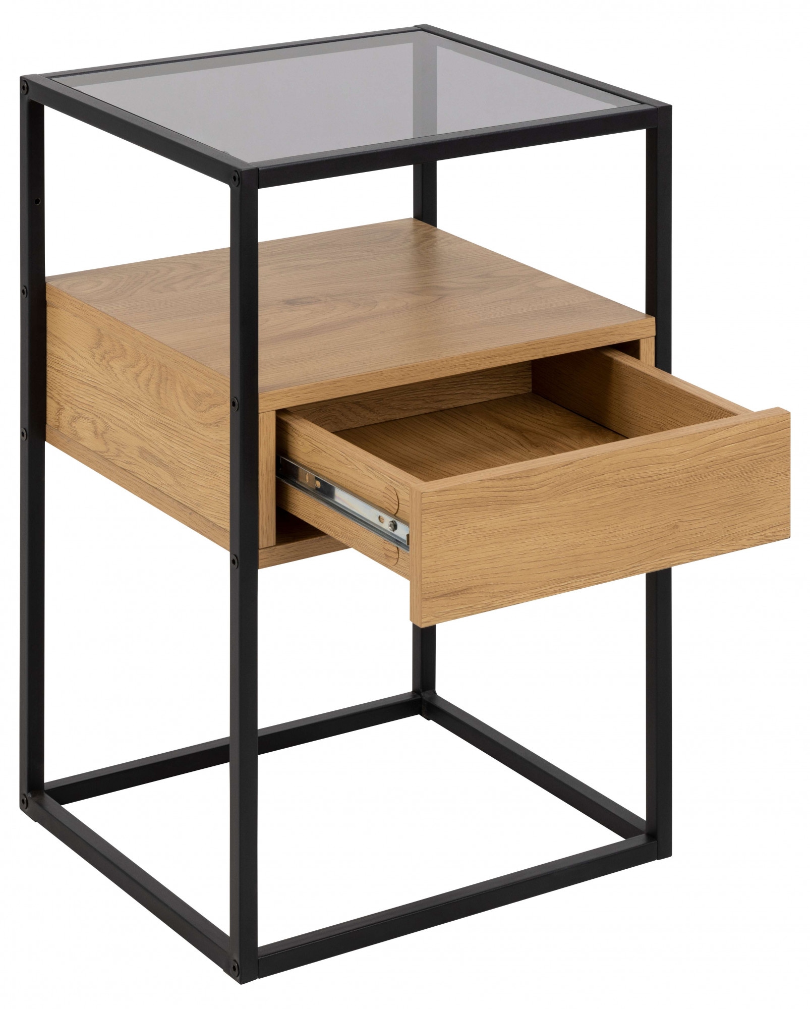 ACTONA GROUP Nachttisch »Randolf, Nachtschrank, skandinavisches Design, gehärtetes Rauchglas« Schublade in Holzoptik mit Push-to-Open-Funktion, Stahlbeine, B: 40 cm