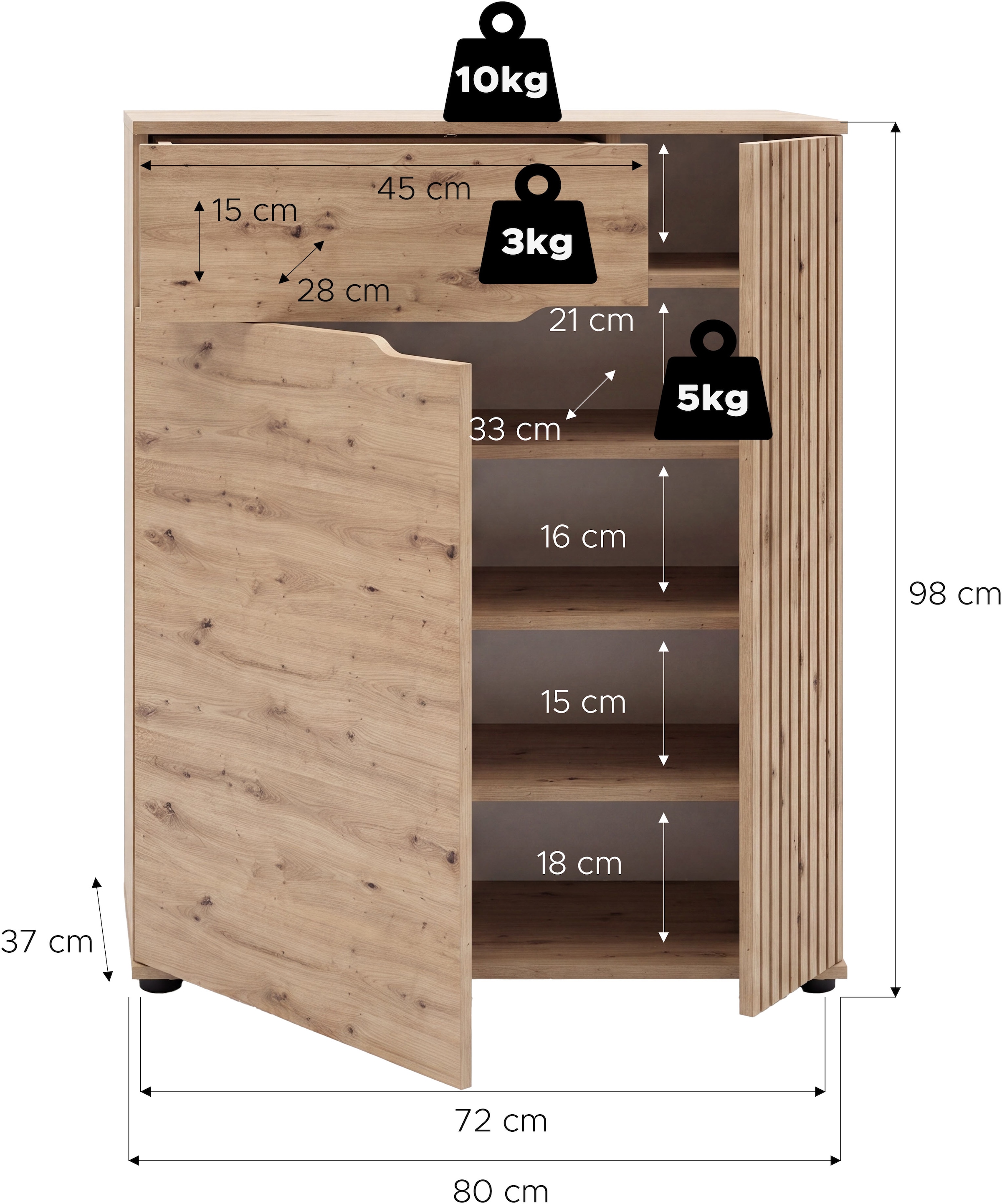 GOODproduct Commode à chaussures »FJELL, Breite 80cm, 2 Türen, 1 Schubkasten, 3 Einlegeböden, 5 Fächer« Armoire de rangement, armoire à chaussures, commode, buffet, vaisselier
