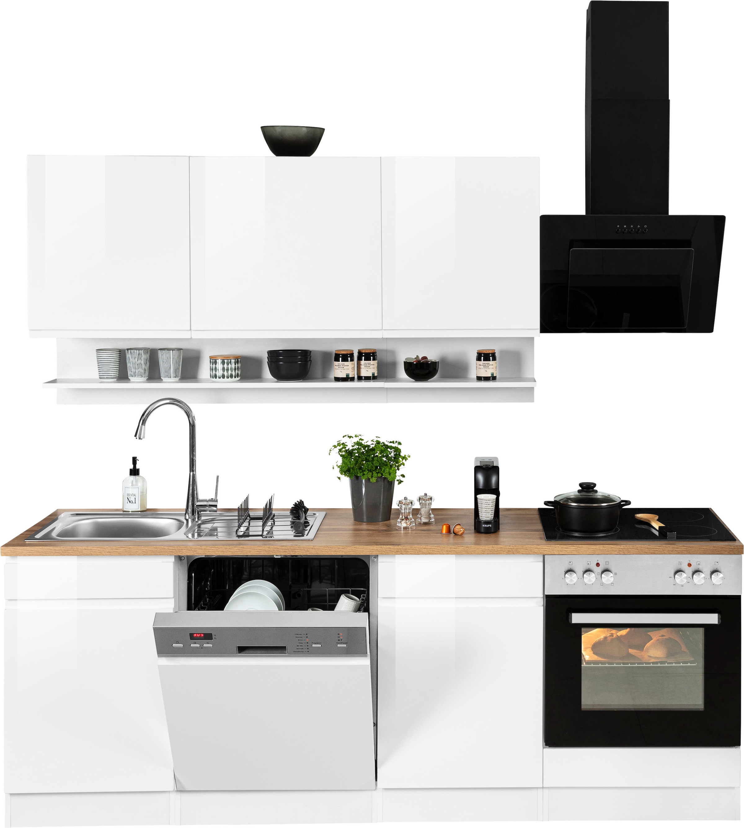 KOCHSTATION Kitchenette »KS-Virginia,neu in verbesserter Ausführung« plan de travail épaisseur 38 mm, rangement, fermeture douce,  largeur 220 cm, soft-close, avec appareils électroménagers en option