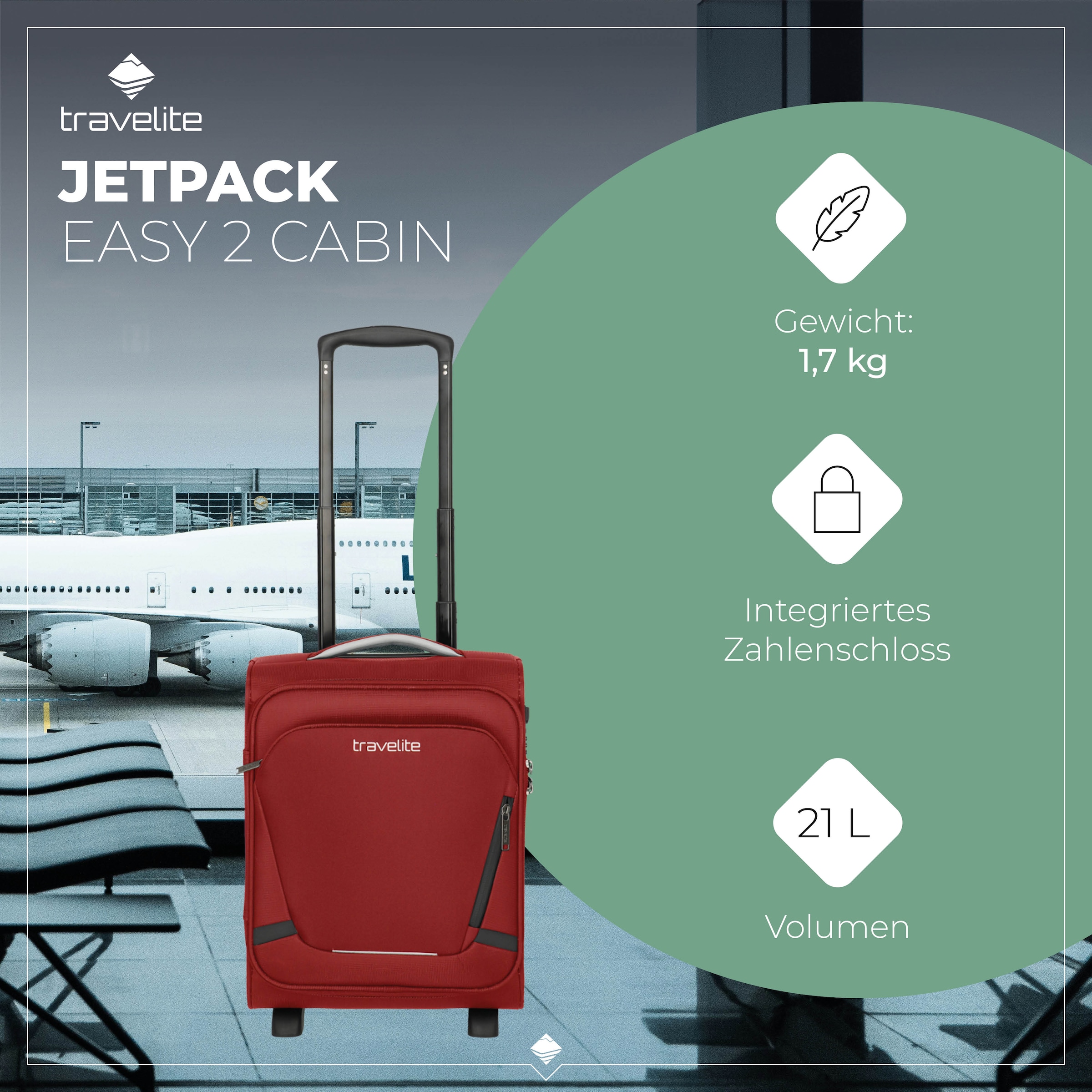 travelite Handgepäck-Trolley »JETPACK Easy 2 Cabin Handgepäck Koffer« 21 l 4 Rollen Weichgepäck, passend für viele gängige Airlines