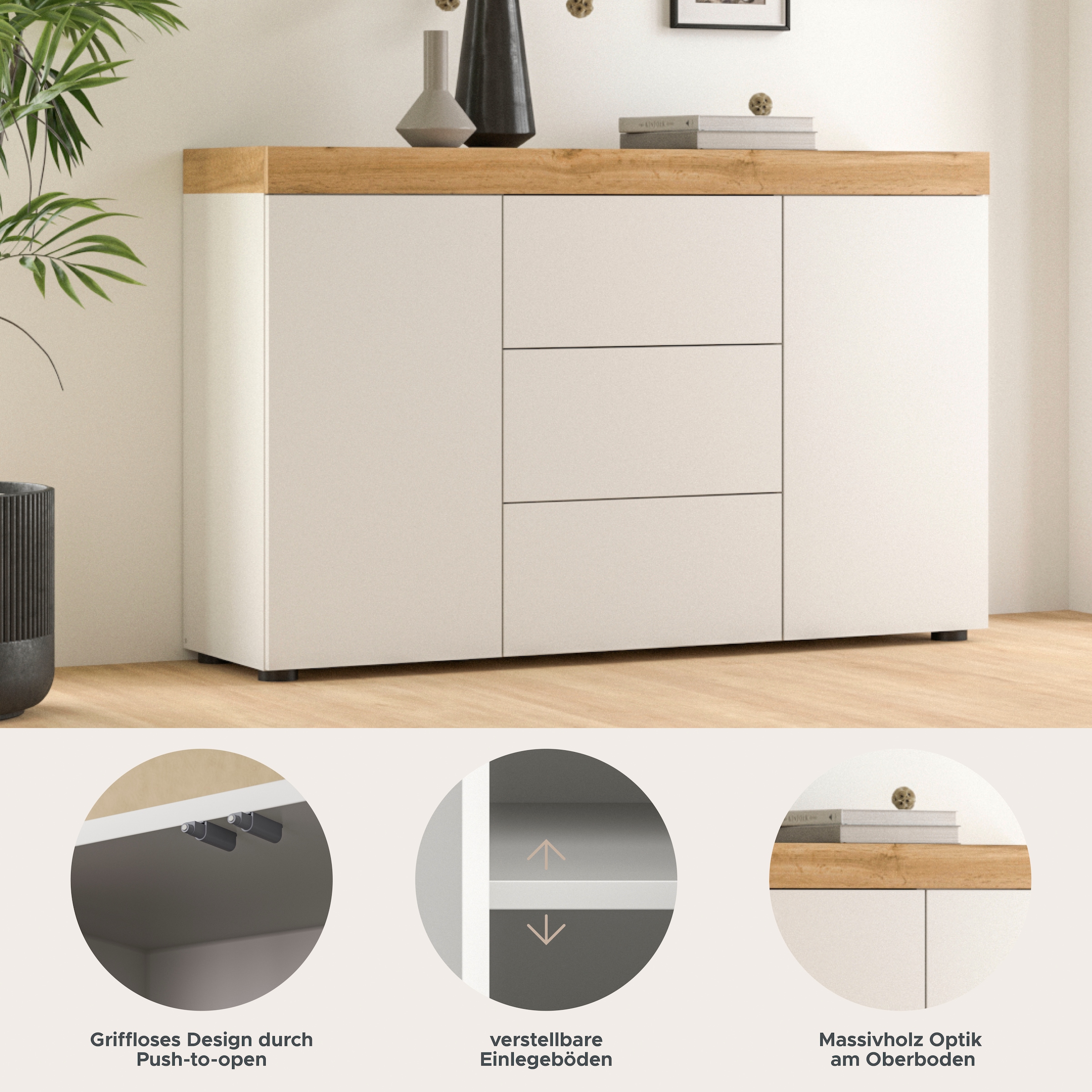 GOODproduct Sideboard »MAMBO, Breite 125cm, 2 Türen, 3 Schubkästen, push-2-open« 2 farbige Ausführung, in verschiedenen Farben erhältlich, 1 cuis tlg. Sideboard, Kommode, Wohnzimmer, Flur, Arbeitszimmer