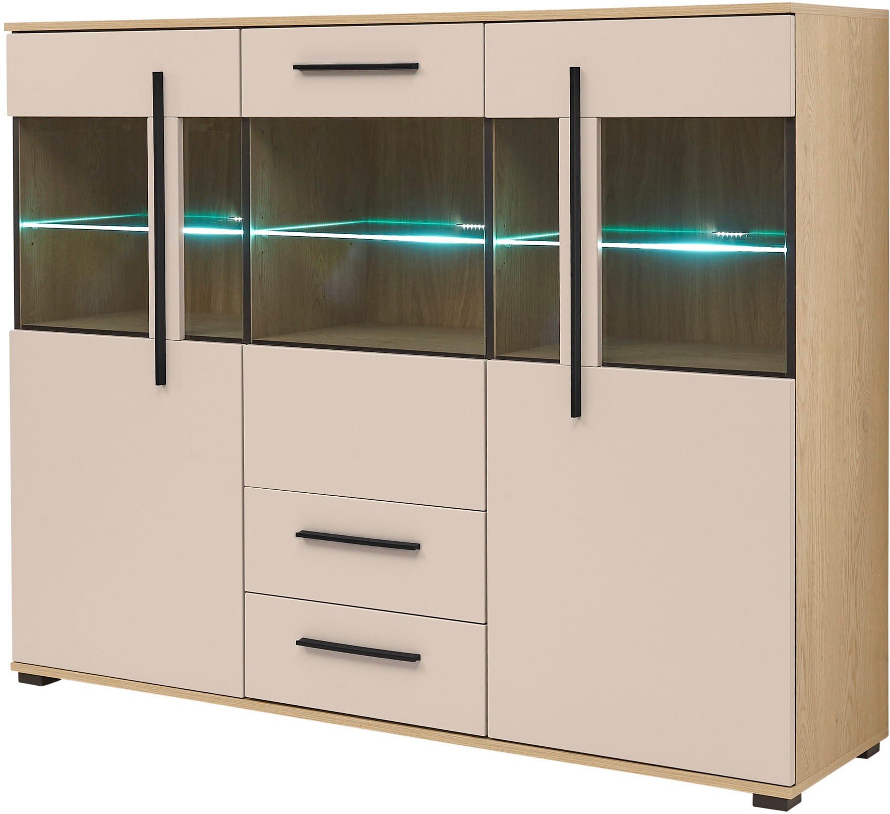 Home affaire Highboard »Cantara, moderner Schrank, Vitrine in Eiche Dekor, Weiss oder Kaschmir« schwarze Stangengriffe, ausreichend Stauraum, vielseitig einsetzbar