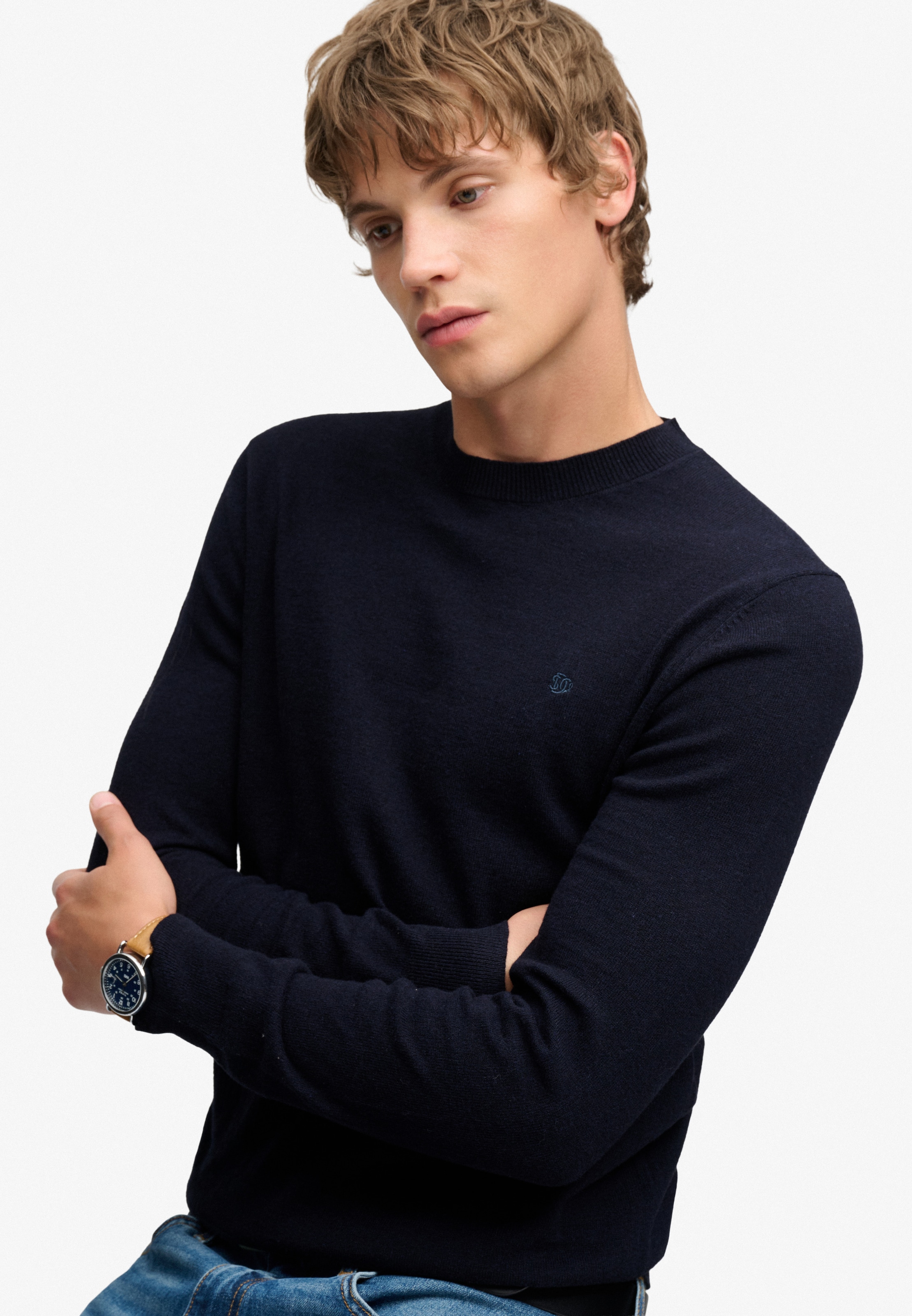 Superdry Pull à col rond »ESSENTIAL LW WOOL BLEND JUMPER« Mélange de coton, coupe slim