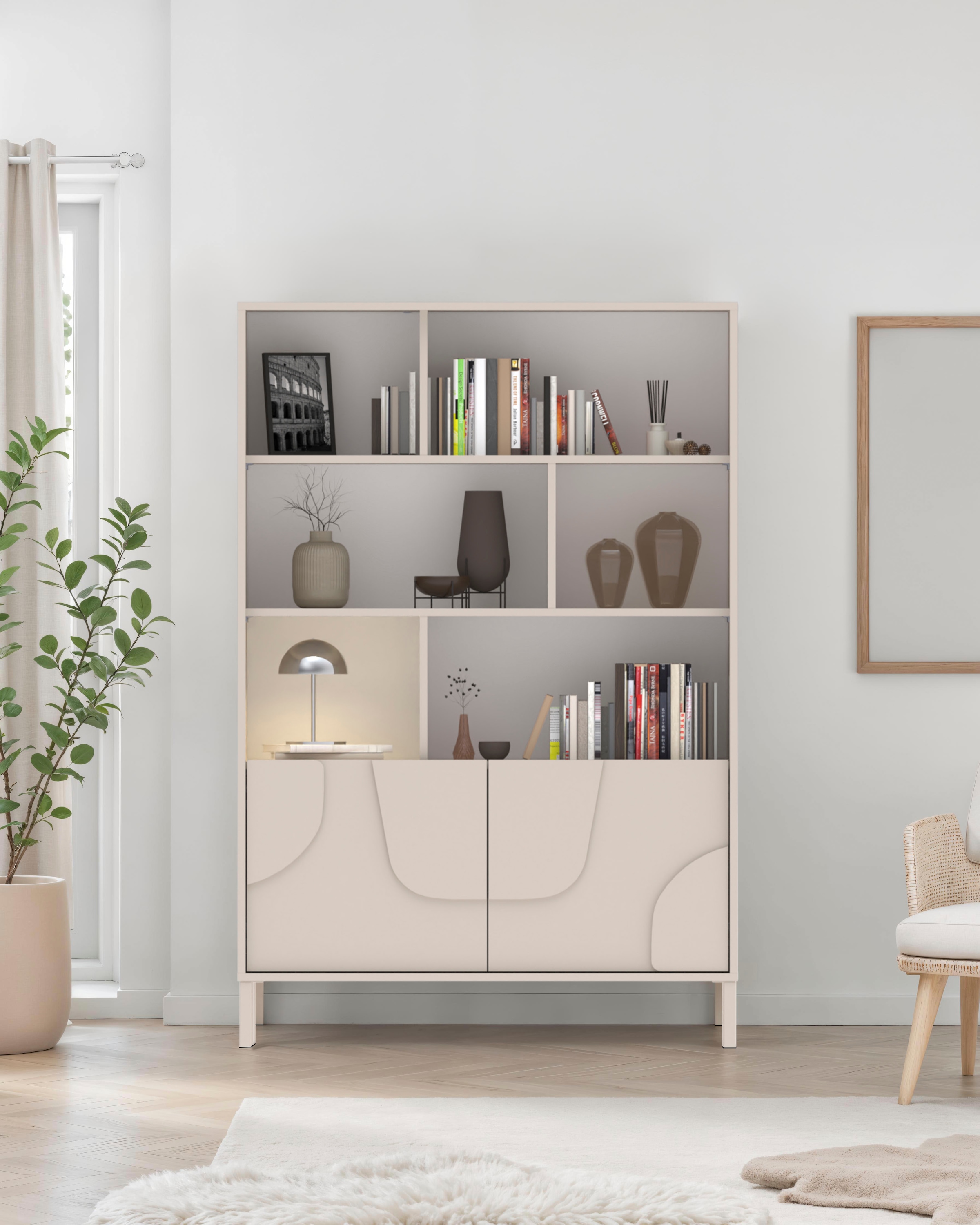 INOSIGN Highboard »Stone, H 155/141, B 105 cm, 2 Türen, 6 offene Fächer, Regal-Schrank« 3D-Design, Push-to-open, Stauraum dekorativ & praktisch, Füsse wählbar