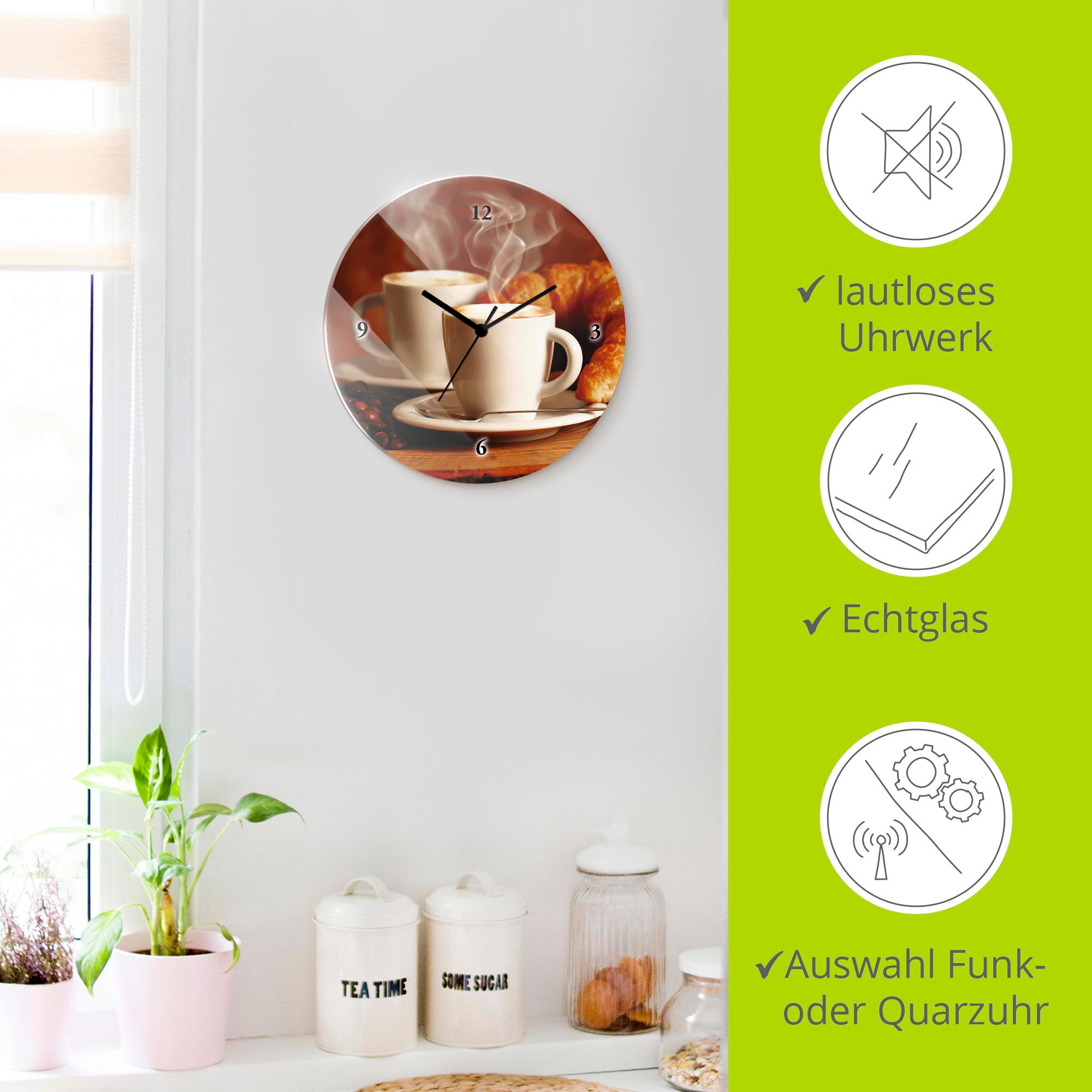 Artland Wanduhr »Dampfender Cappuccino und Croissant« wahlweise mit Quarz- oder Funkuhrwerk, lautlos ohne Tickgeräusche