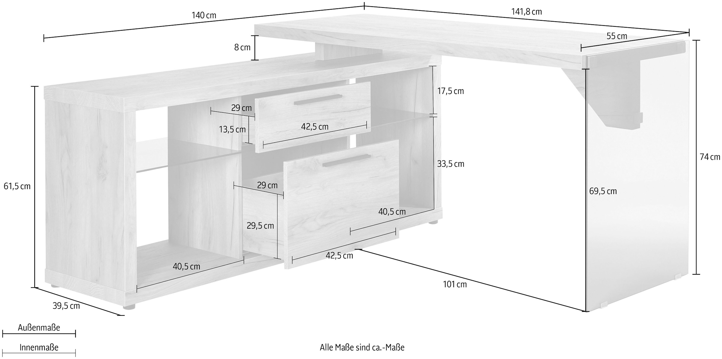 Jahnke Bureau d'angle »LUX« montage réversible, panneau latéral en verre de sécurité ESG