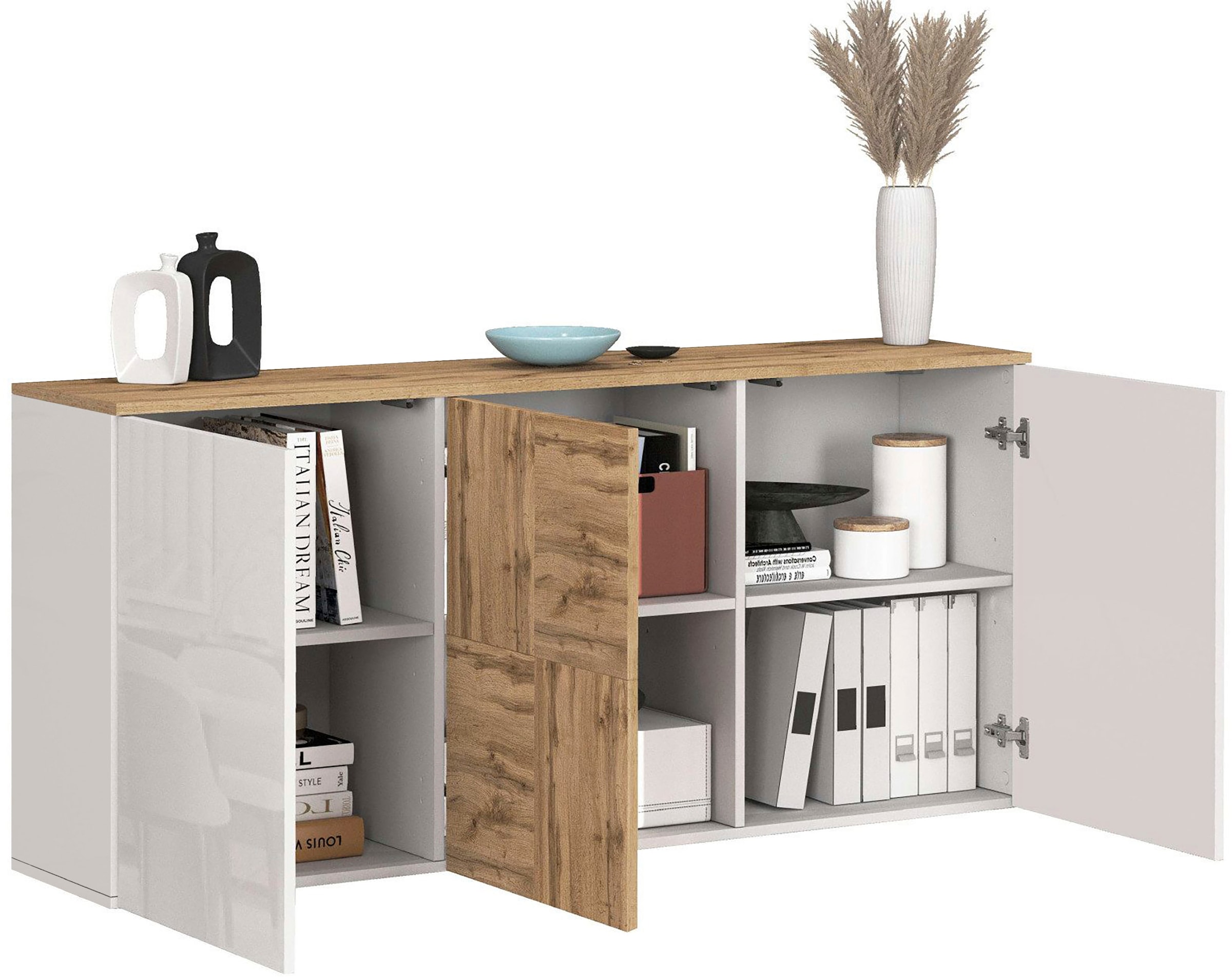 GOODproduct Sideboard »ISEO, Kommode, Schrank, Sideboard, Lowboard, 6 Fächer, Breite 150 cm« 1 Stk. tlg. stehend/hängend, 3 Türen Hochglanz lackiert, Made in Italy