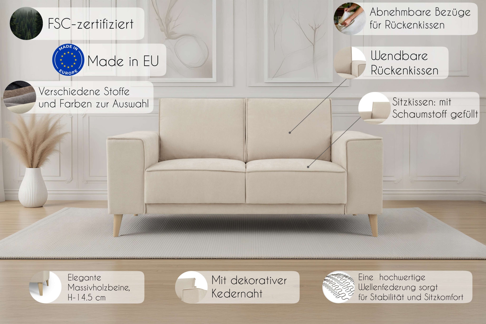 GOODproduct 2-Sitzer »Oland Skandi, weicher Chenille-Stoff« 164 cm, Wellenunterfederung, Skandi-Design, Massivholzfüsse