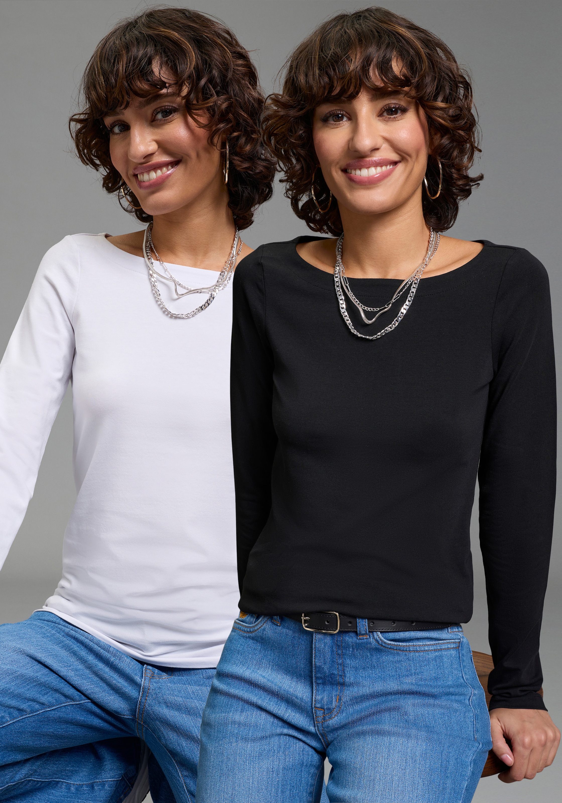 Laura Scott T-shirt à manches longues Paquet, 2er-Pack,  figurbetonte Passform, hüftbedeckende Länge, U-Boot-Ausschnitt