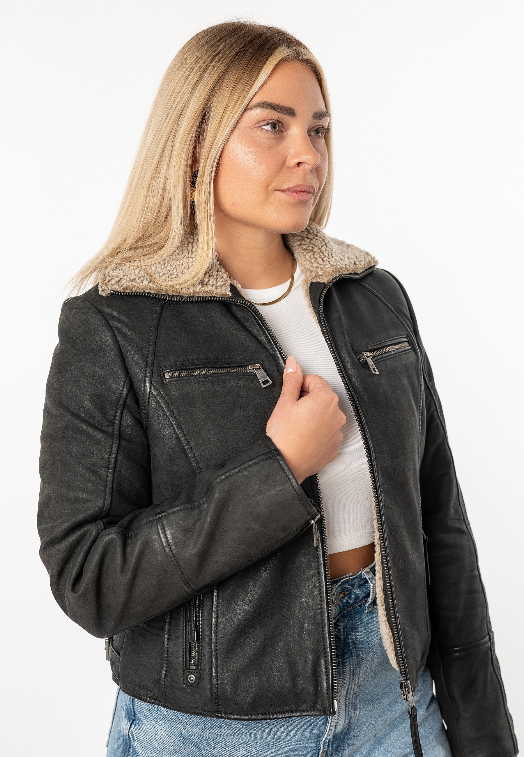 Mauritius Lederjacke »MWNaedda« mit hochschliessendem Kragen mit Teddyplüschbesatz - wärmend