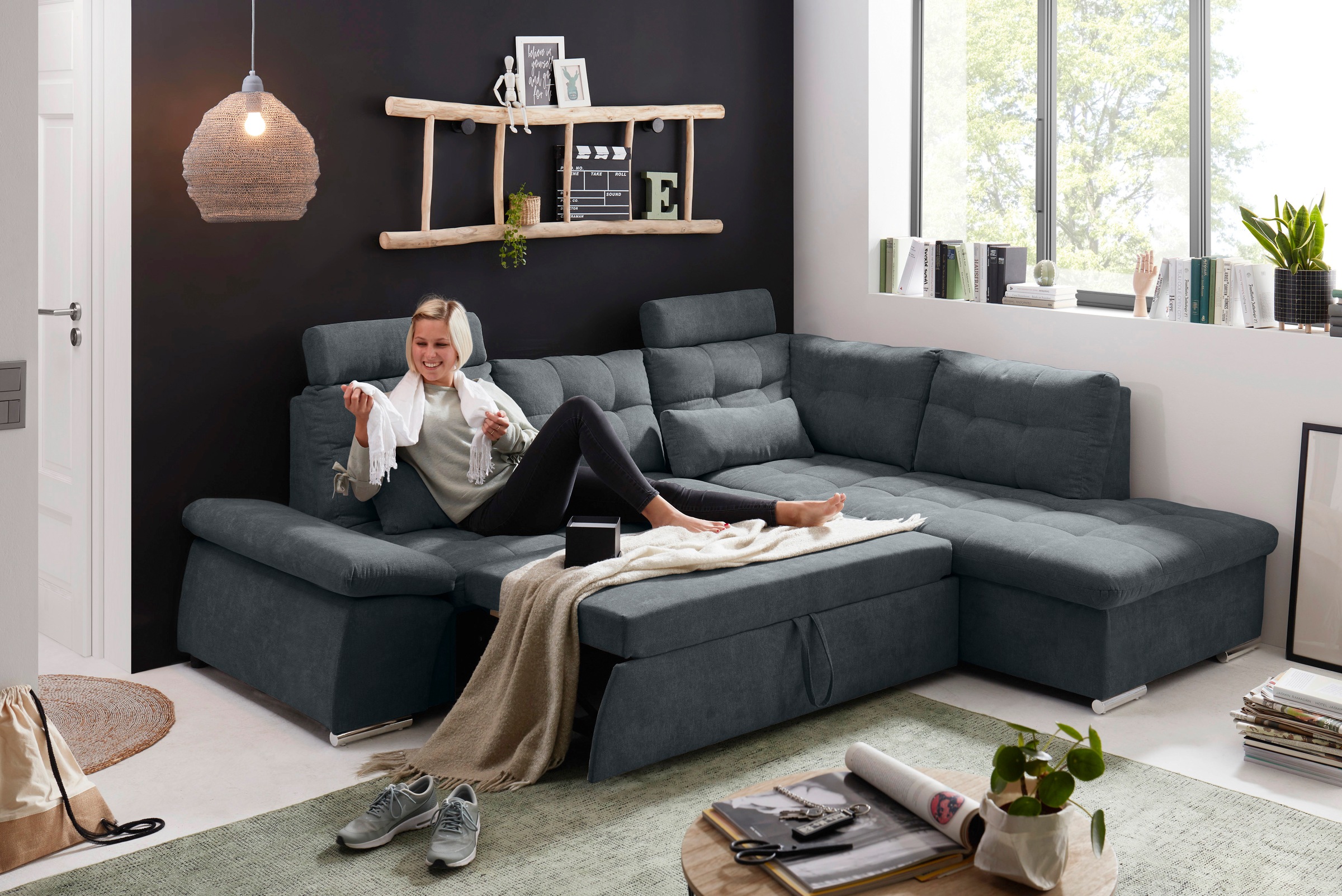 ED EXCITING DESIGN Ecksofa »Nalo L-Form« mit Bettfunktion, Armteilverstellung, Kopfstützen & 2 Nierenkissen