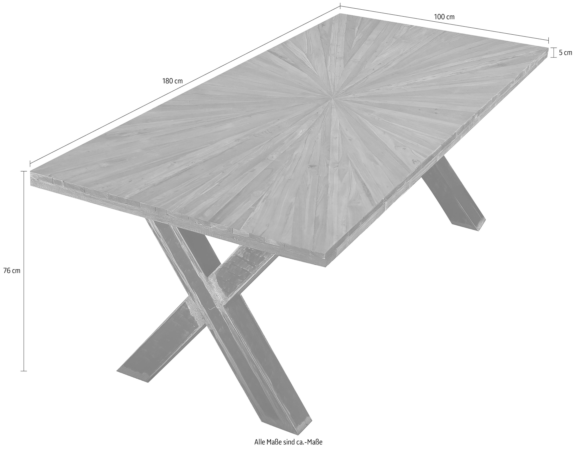 SIT Esstisch »Skopje Recyceltes Teakholz mit Sonnen-Design & X-Gestell aus Metall« Massives Teakholz trifft markantes X-Gestell