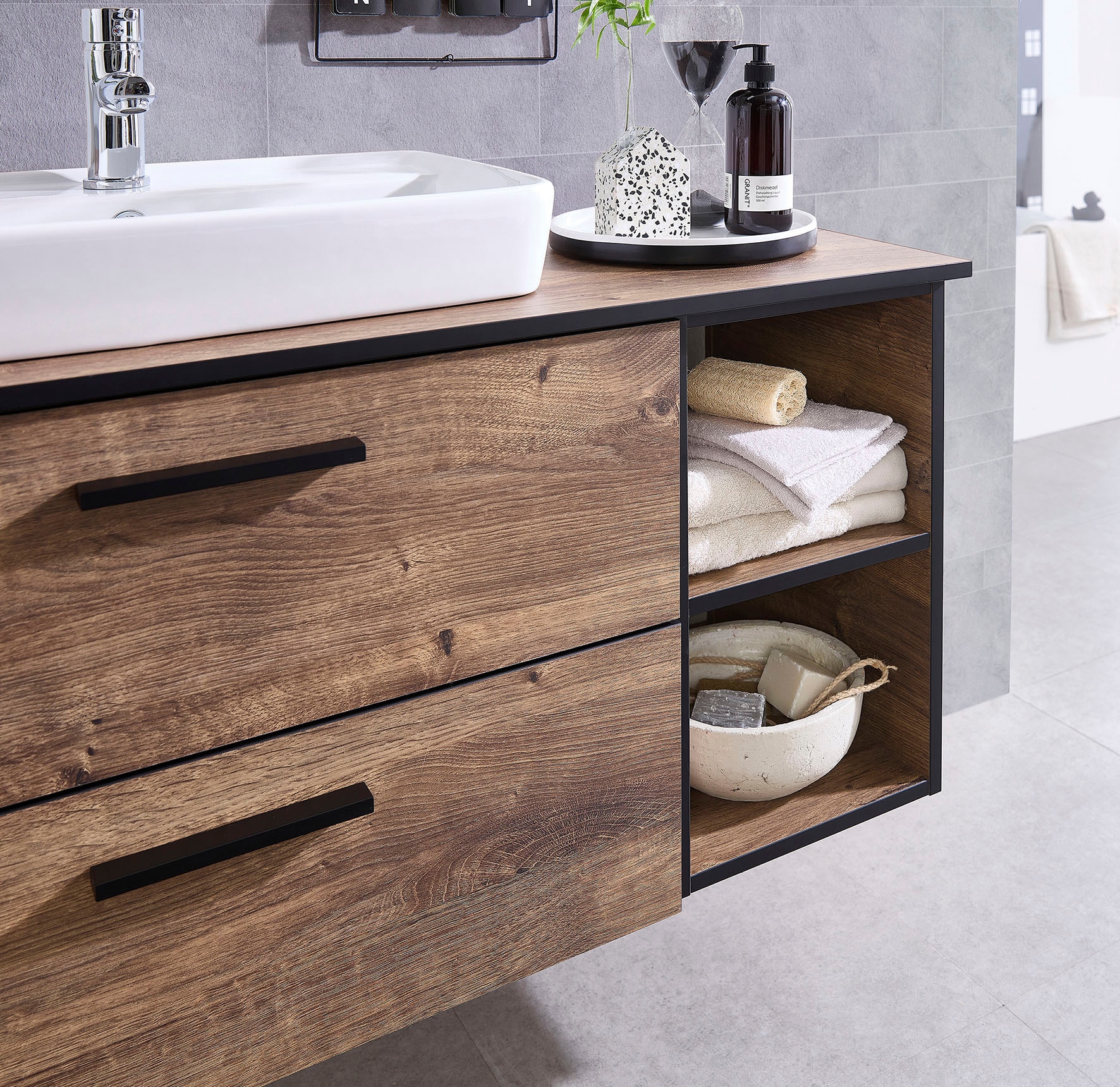 Saphir Unterschrank »Quickset 374 Badschrank mit 2 offenen Fächern, Unterschrankregal« Badezimmer-Regal, Eiche Ribbeck quer Nachbildung, 30 cm breit