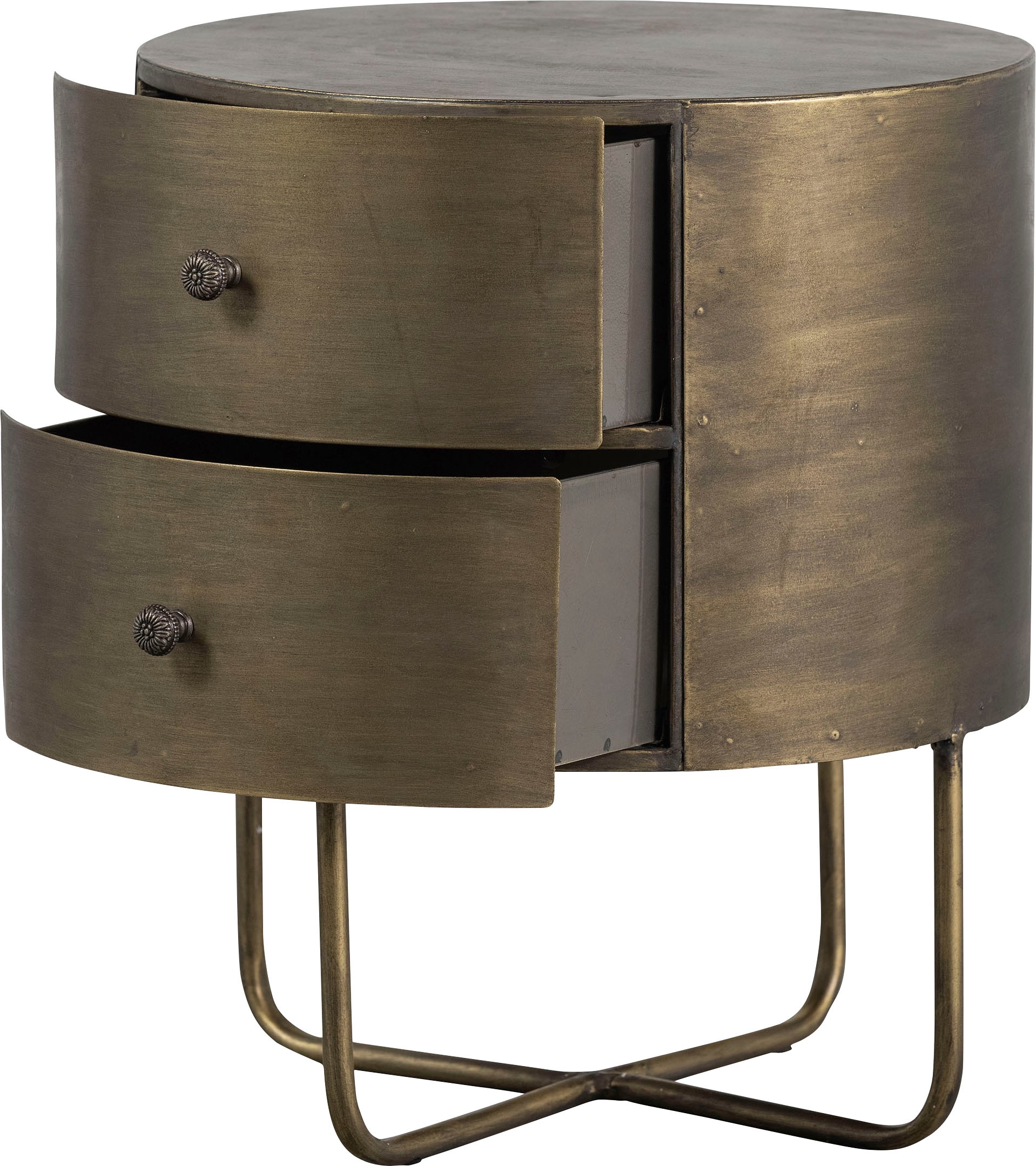 WOOOD Table d'appoint »Glossy Metall Antique-Brass-Beschichtung, H 48 x B 39 x T 39 cm« Deux tiroirs sans rails, facile d'entretien, livré monté