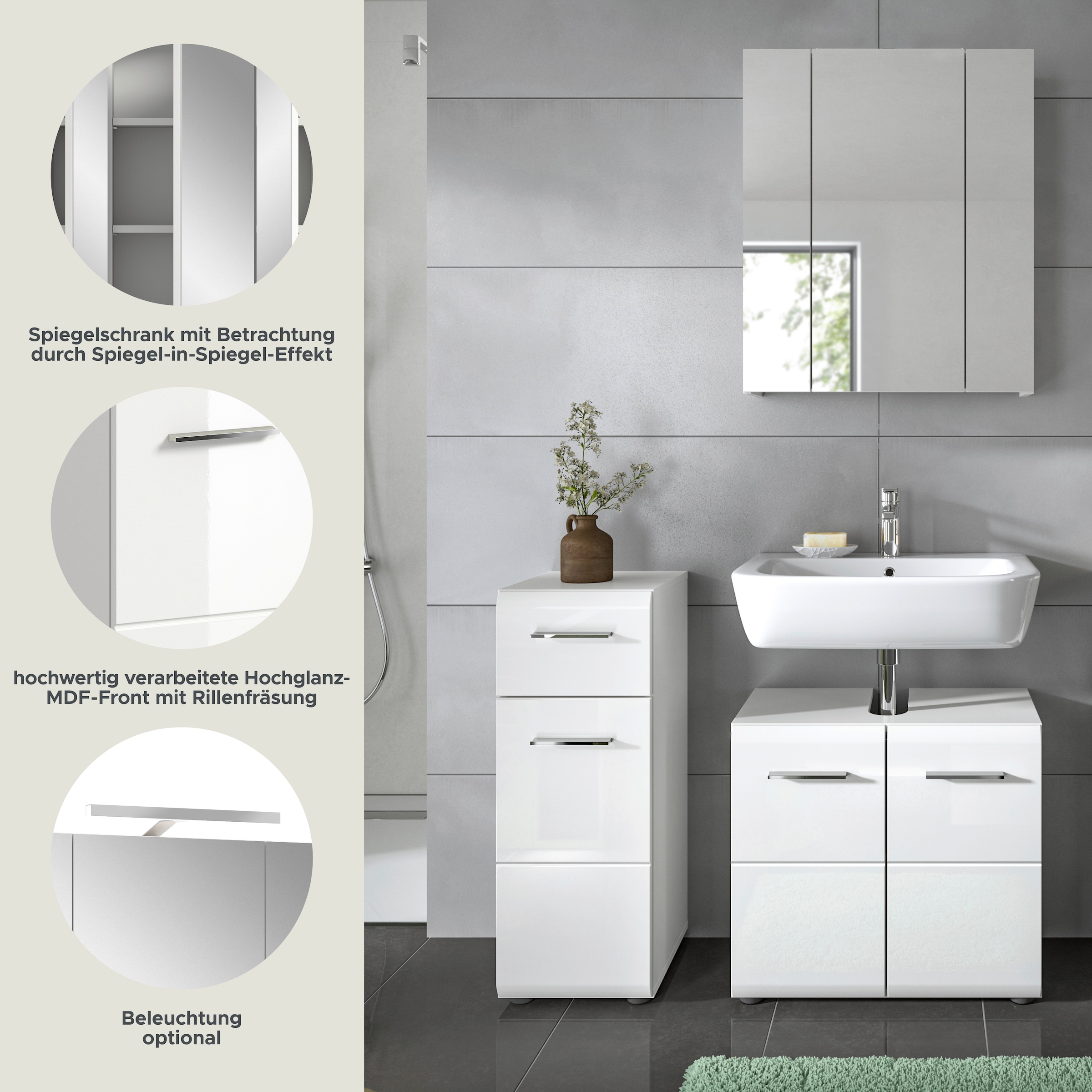 INOSIGN Badmöbel-Set »FLORENZ, TOPSELLER!, 3-teilige Badkombination, hochwertige MDF-Front« best. aus: 1 Unterschrank, 1 Waschbeckenunterschrank, 1 Spiegelschrank, 
