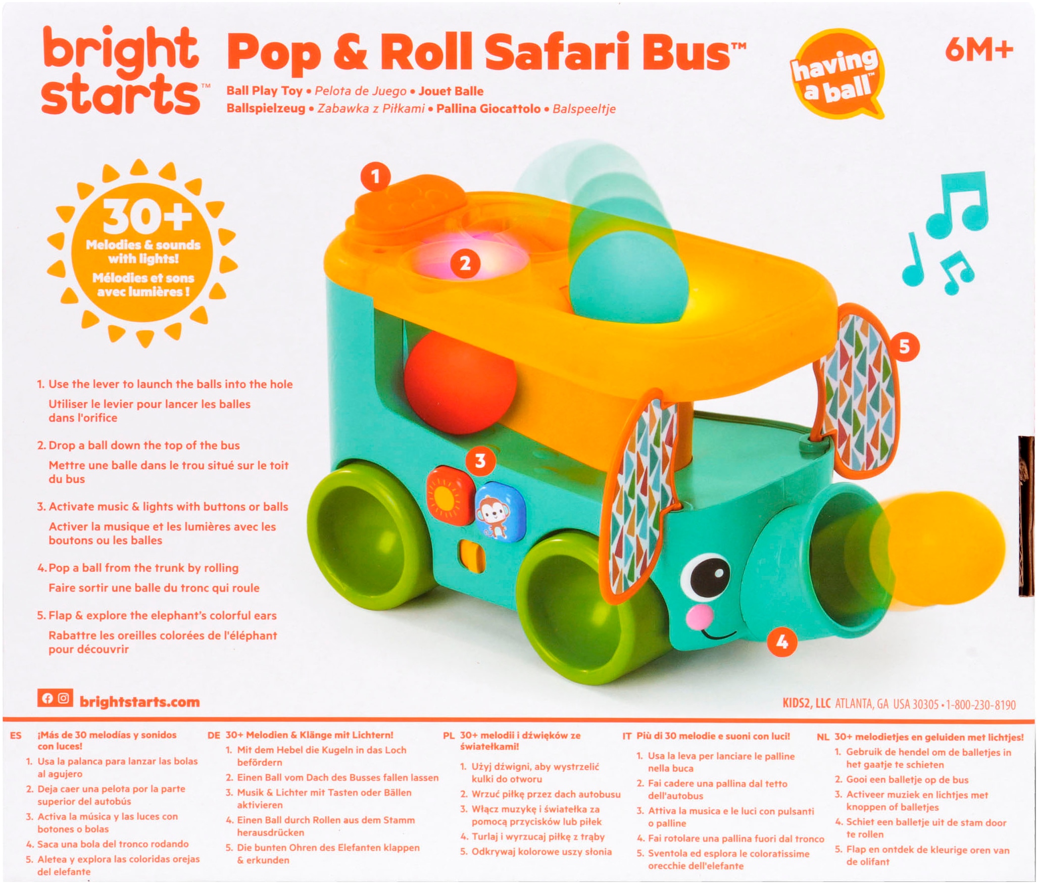 Bright Starts Lernspielzeug »Pop & Roll Safari Bus  Ball Play Toy« mit Licht und Sound