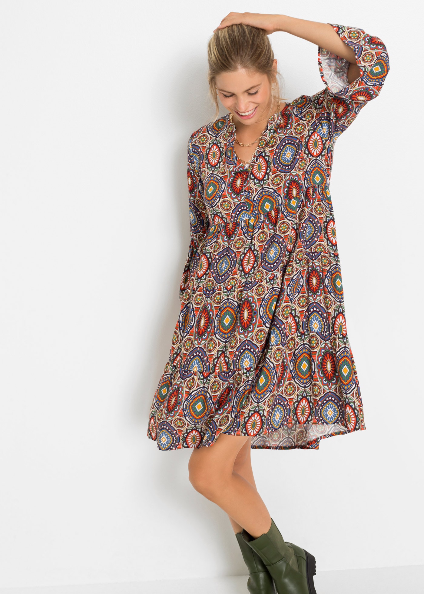 bonprix Minikleid »Minikleid aus fliessender Viskose« für eleganten Auftritt, aus Viskose, in A-Linie, mit 3/4-Ärmeln