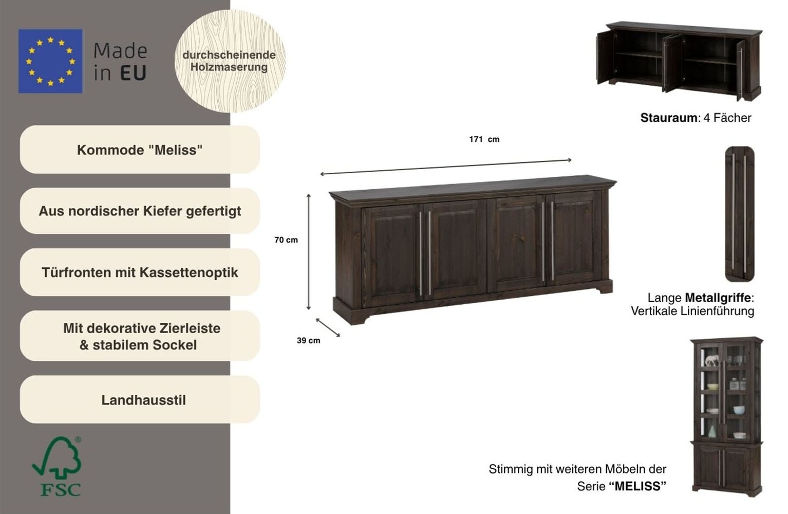 Home affaire Commode »Meliss« aus massiver Kiefer, FSC® 4-türig, Breite 171 cm