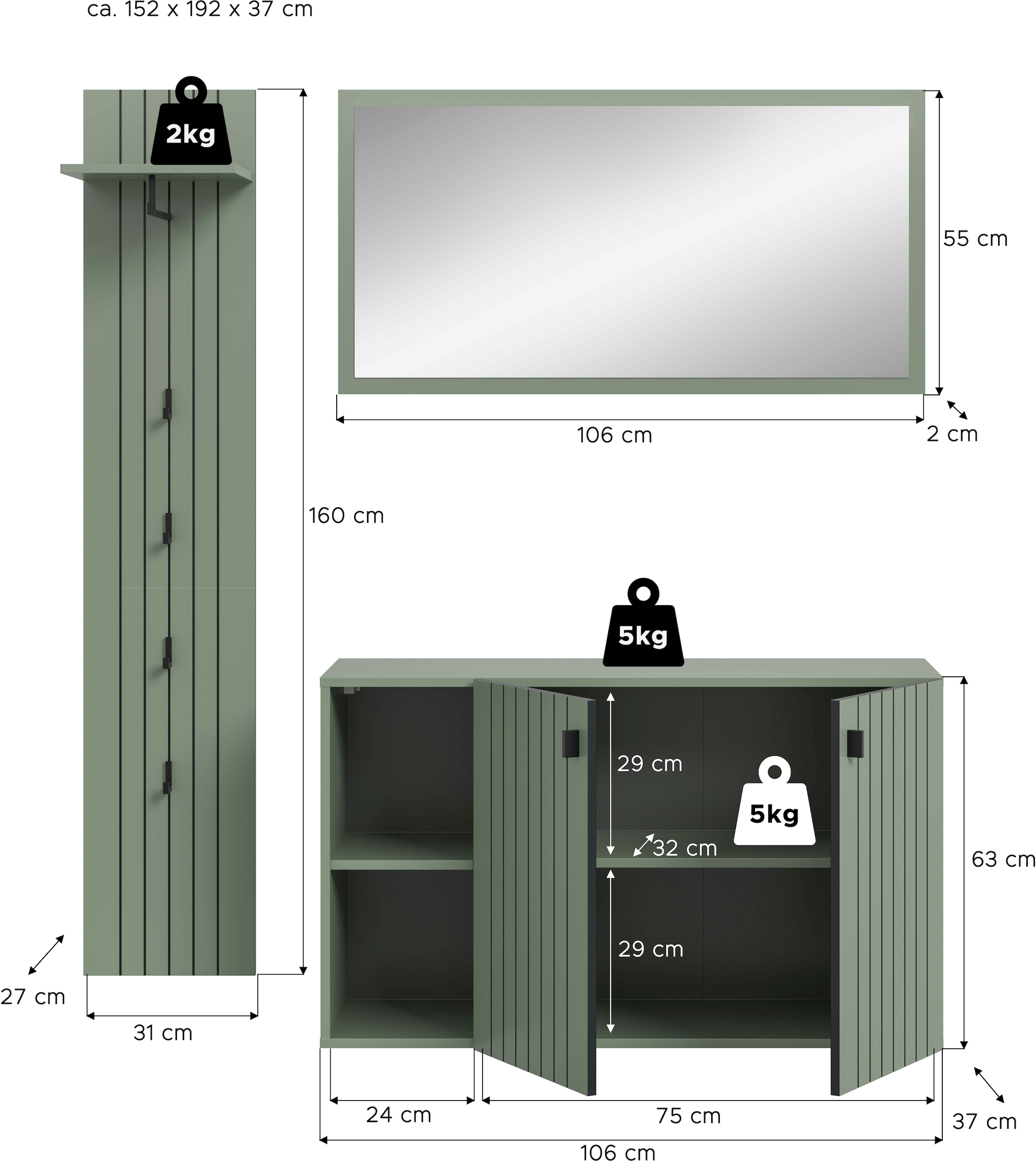 Home affaire Garderoben-Set »TATIO, 3-tlg. Garderobenkombination, Breite: 152 cm, Rilenfräsung« Set, Set, best. aus: 1 Garderobenpaneel, 1 Spiegel, 1 Schuhkommode, 3 Stk. tlg.