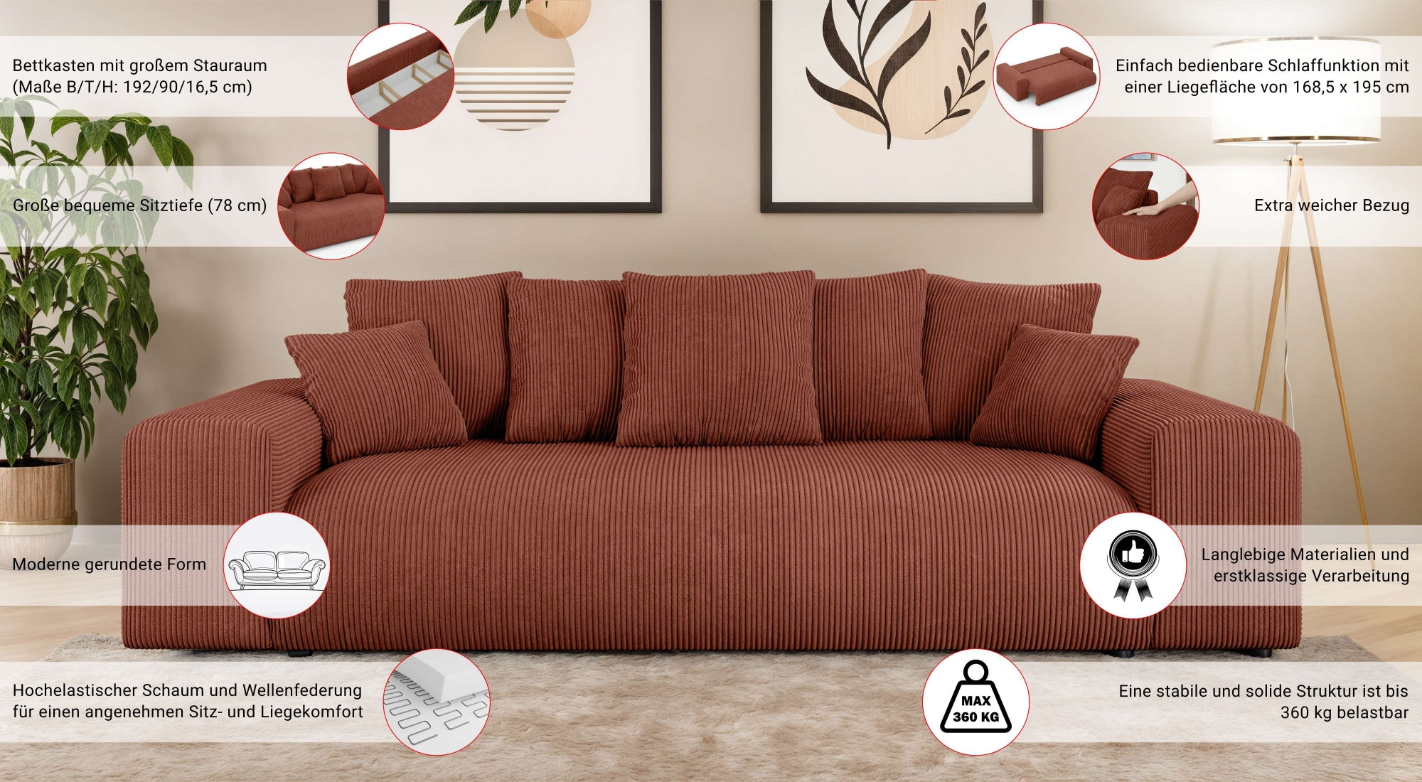 Home affaire Canapé Big »LAKESIDE 3-Sitzer Schlafsofa mit Bettkasten, Breite 256,5 cm« Liegefläche 168,5x195 cm, hoher Sitzkomfort, Masse B/T/H: 256/122/82cm