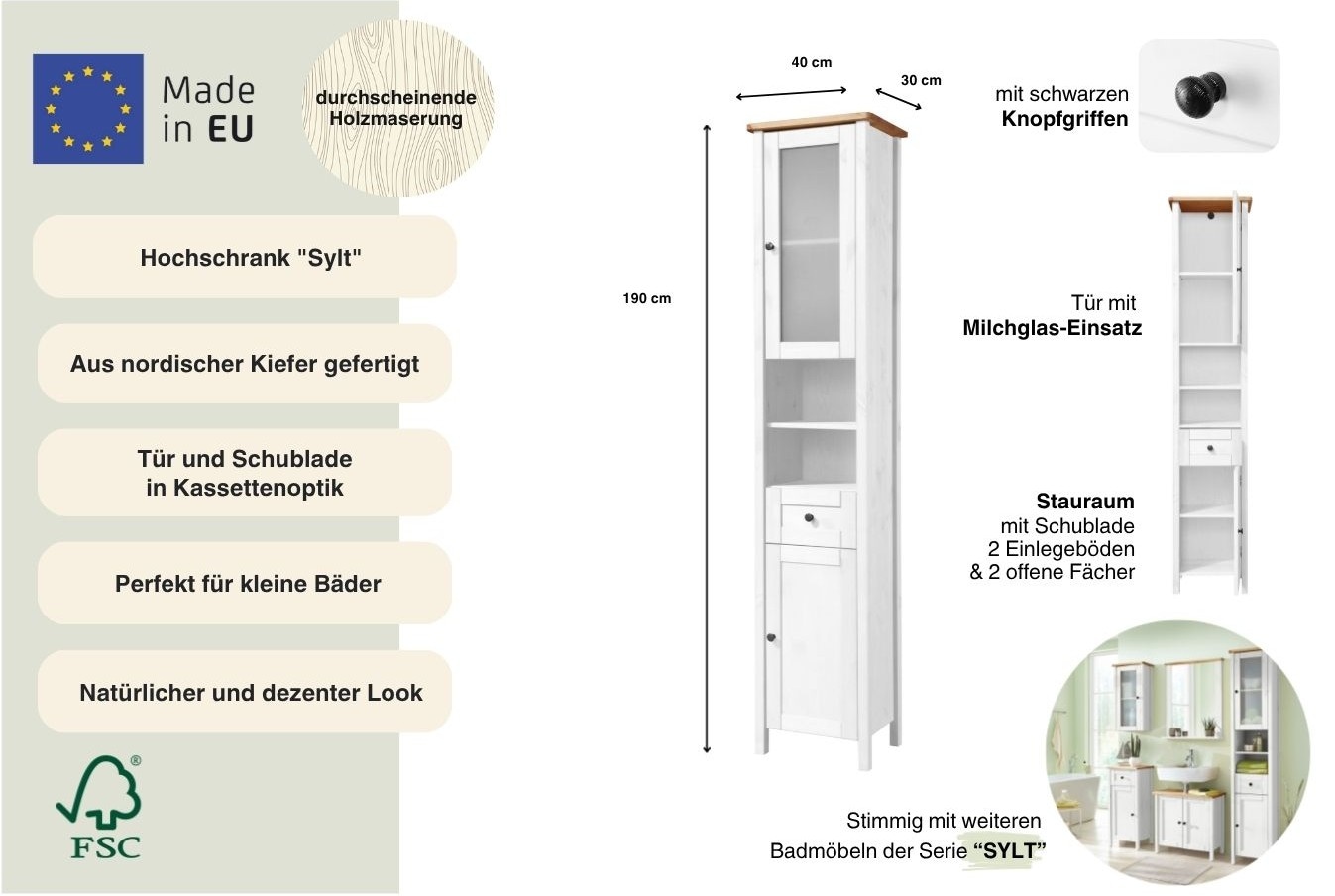 welltime Hochschrank »Sylt« Badmöbel im Landhaus-Stil, Breite 40 cm, aus Massivholz