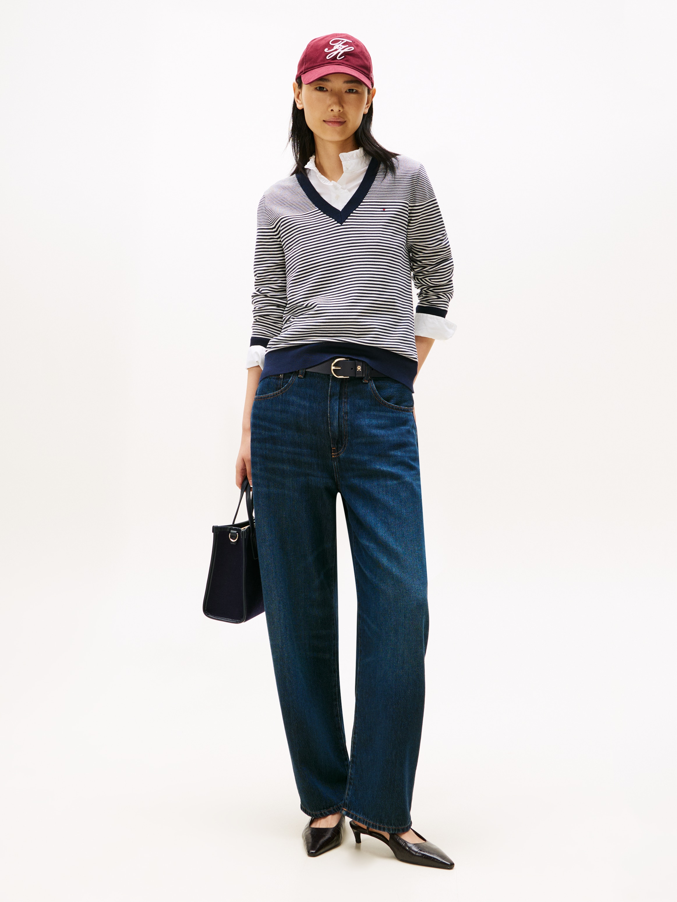 Tommy Hilfiger Pull col V »CO JERSEY STITCH V-NK SWEATER mit V-Ausschnitt und Ripp« Baumwollmischung