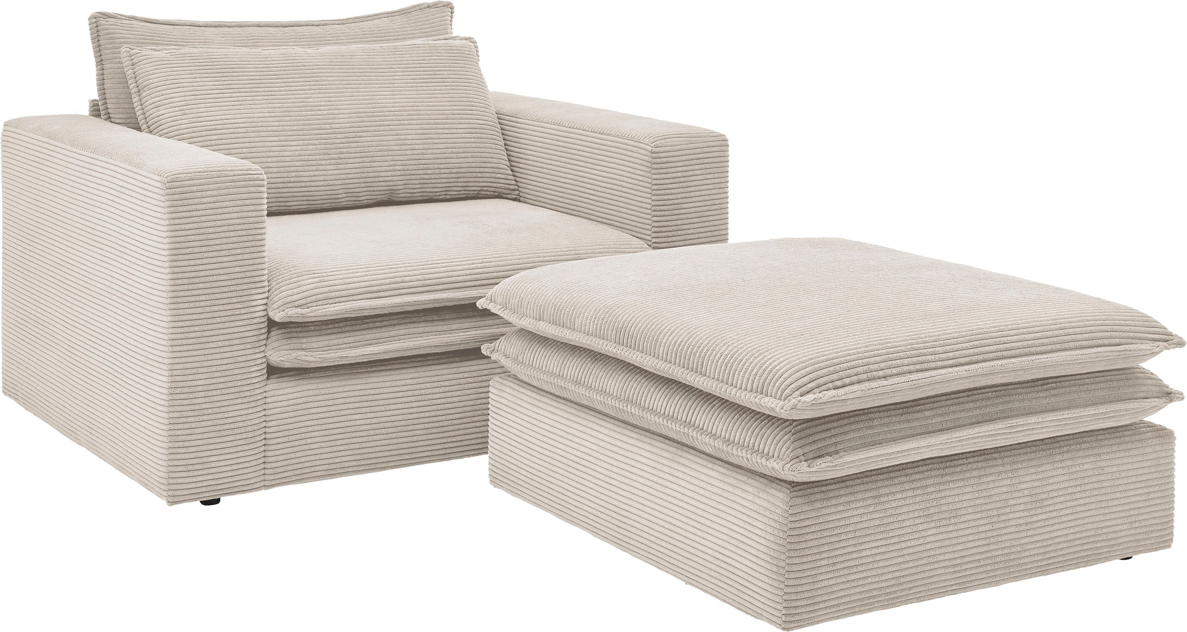 Home affaire Groupe de sièges »PIAGGE« 2 cuis tlg. Velours côtelé de haute qualité, fauteuil et petit tabouret en set