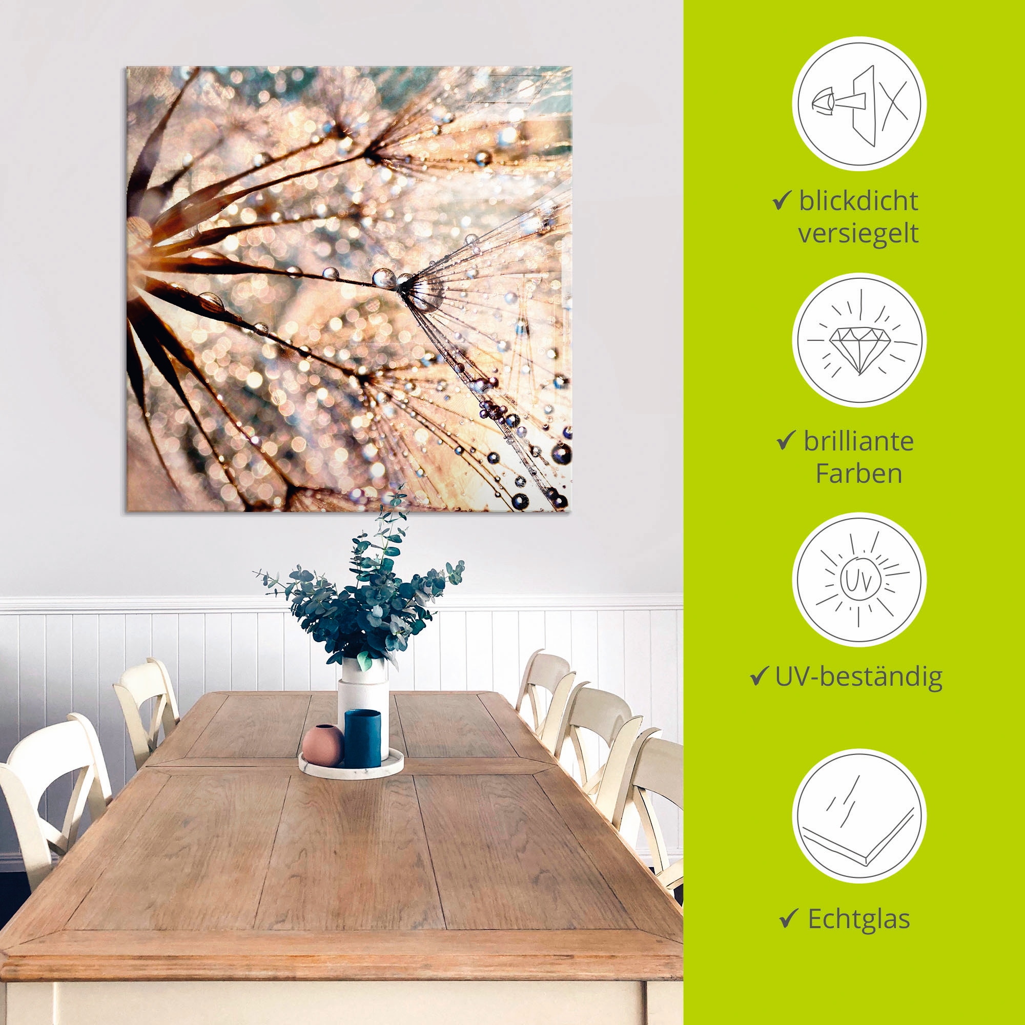 Artland Tableau en verre »Pusteblume - Kisses from rain« 1 cuis tlg. in verschiedenen Grössen