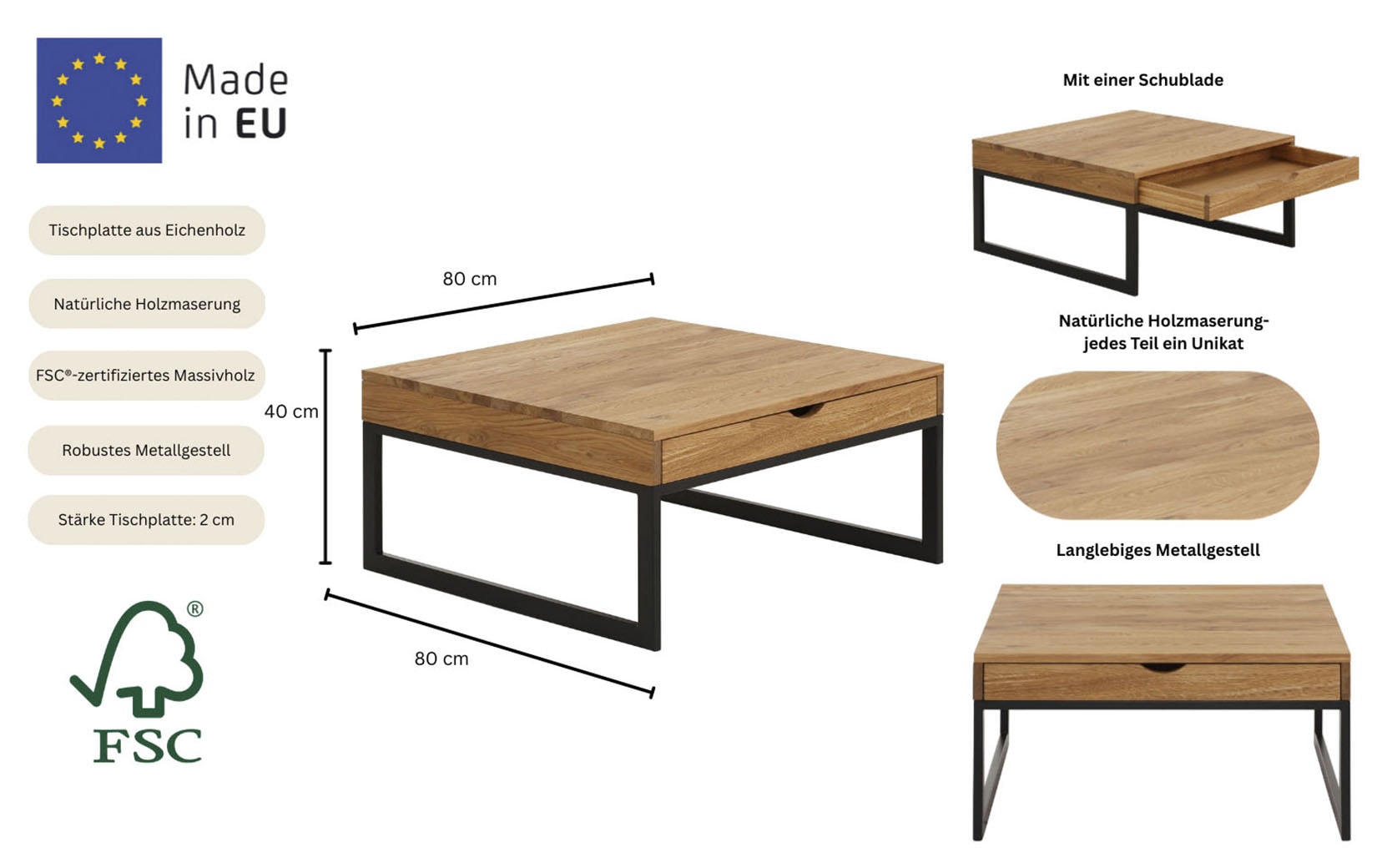 Home affaire Couchtisch »Betula« B/T/H: 80/80/40 cm, 