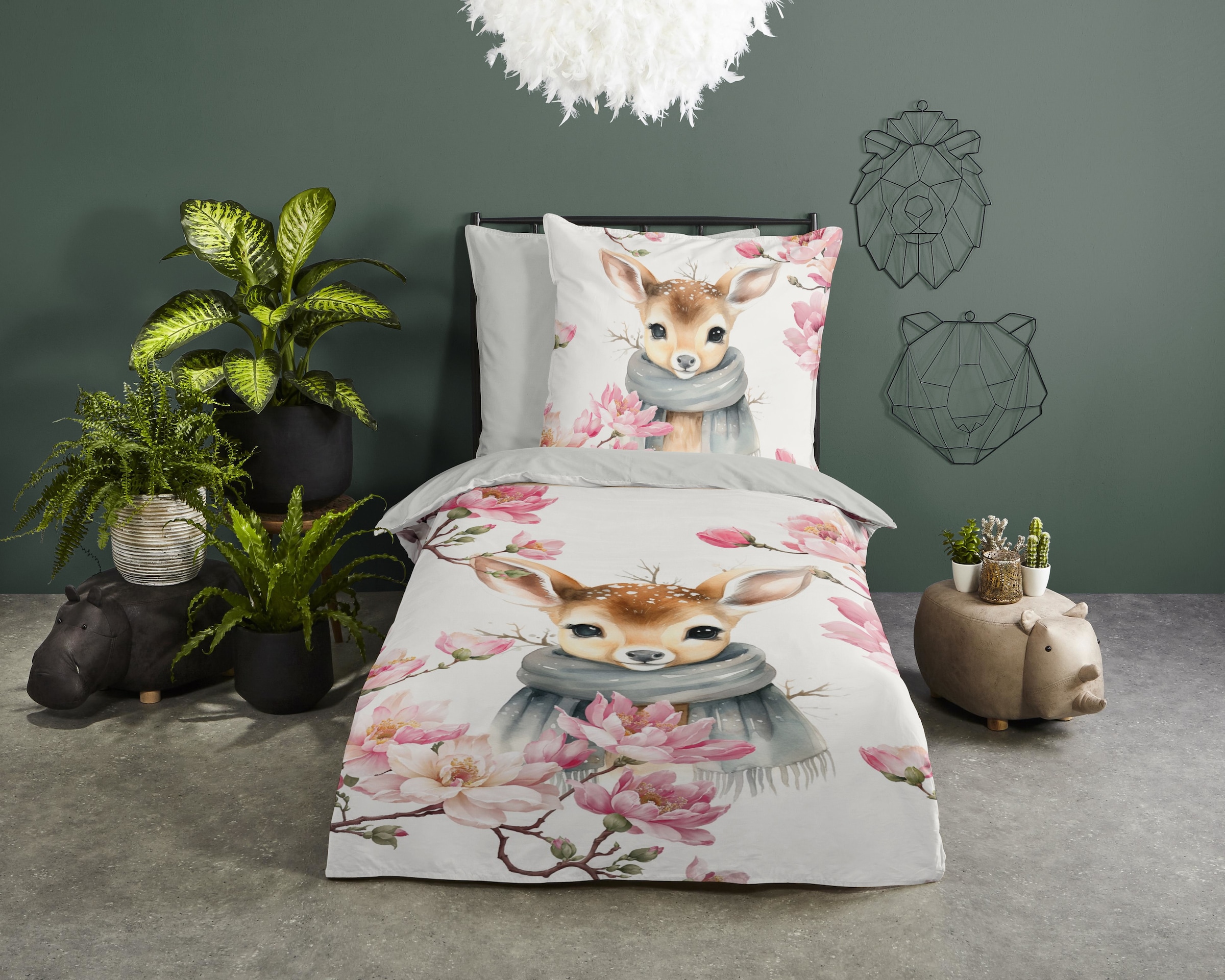 good morning Kinderbettwäsche »Leone« 2 Stk. tlg. Baumwolle, 135x200, Wendeoptik, Kind, Mädchen, Hirsch, Winter, Weiss