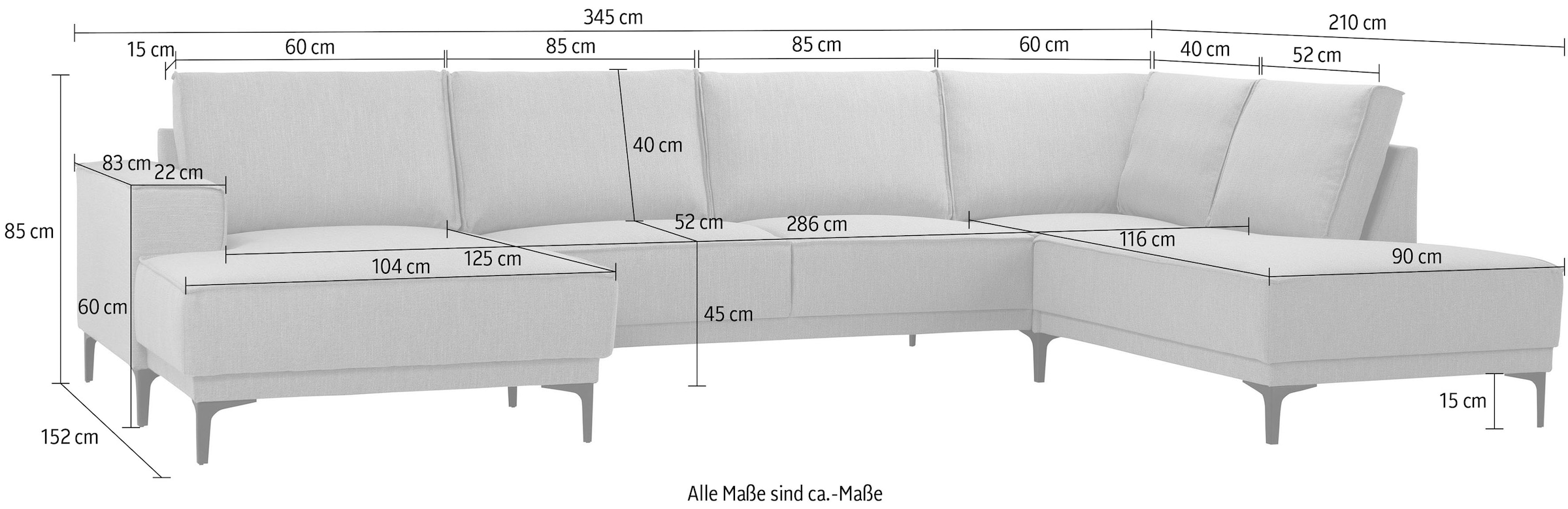 GOODproduct Wohnlandschaft »OLAND Luxus-Microfaser U-Form, XXL, B: 345 cm, Skandi-Design« U-Form, 345 cm, Wellenunterfederung, Skandi-Design, Metallfüsse