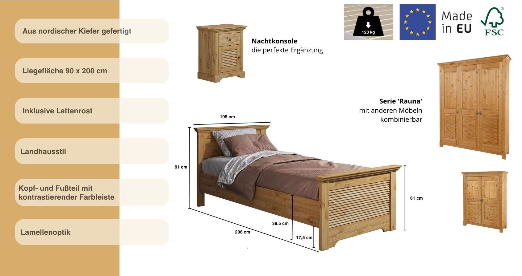 GOODproduct Lit »Rauna, Landhausstil, edles Design mit Lamellen und Kassetten, 2 Farben« Breite/Belastbarkeit 180cm=220 KG, 90cm=120KG,  FSC® zertifiziertes Kieferholz, massive Qualität mit Lattenrost