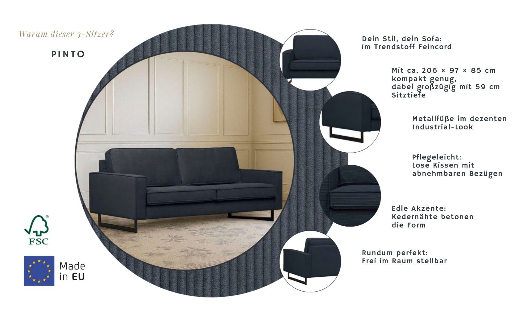 Home affaire 3-Sitzer »Pinto, 206 cm, Cord, Chenille, Lederoptik« mit Keder, schwarze Metallfüsse, Wellenunterfederung
