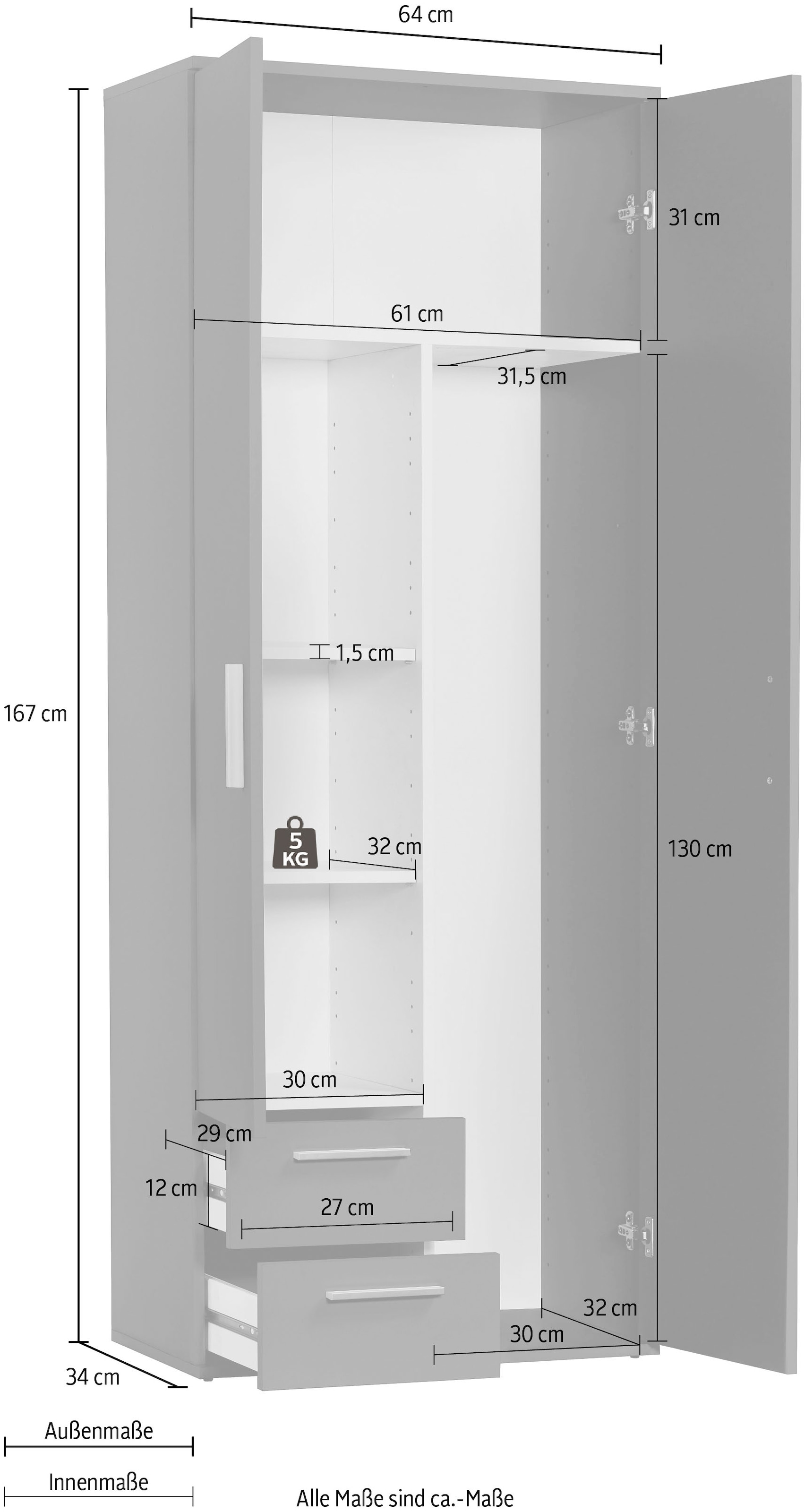 Procontour Armoire multi-usages »Schrank Clara« hauteur 167cm avec étagères réglables en hauteur