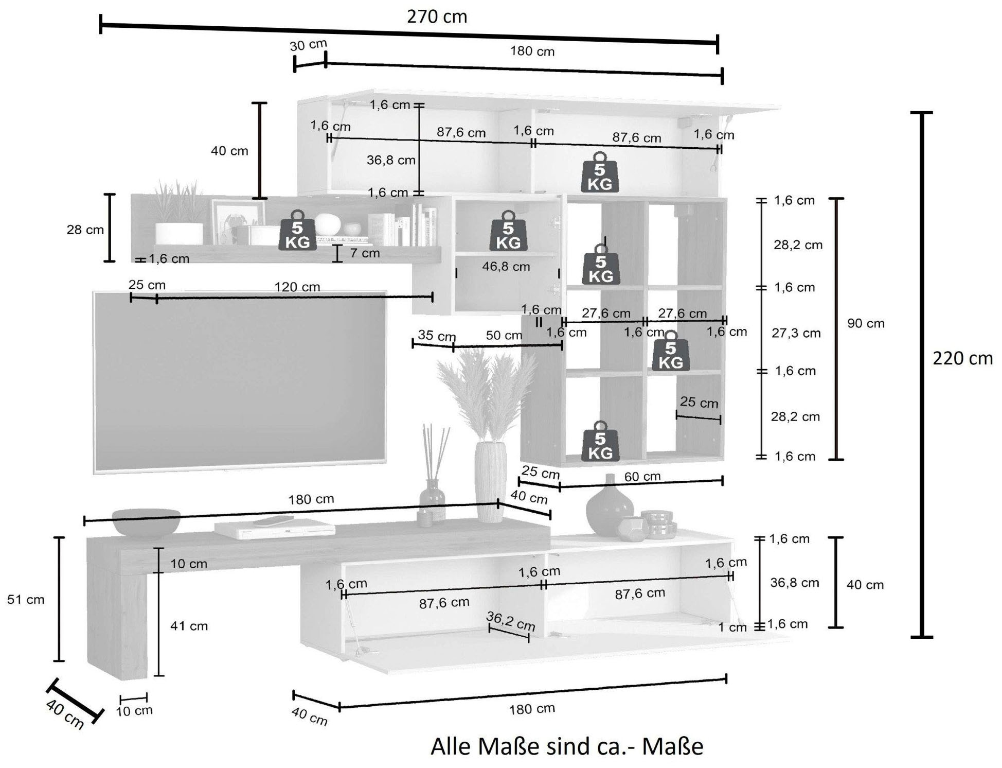 GOODproduct Meuble mural »Chronos Wohnwand, Medienwand, 5-er set« 5 cuis tlg.