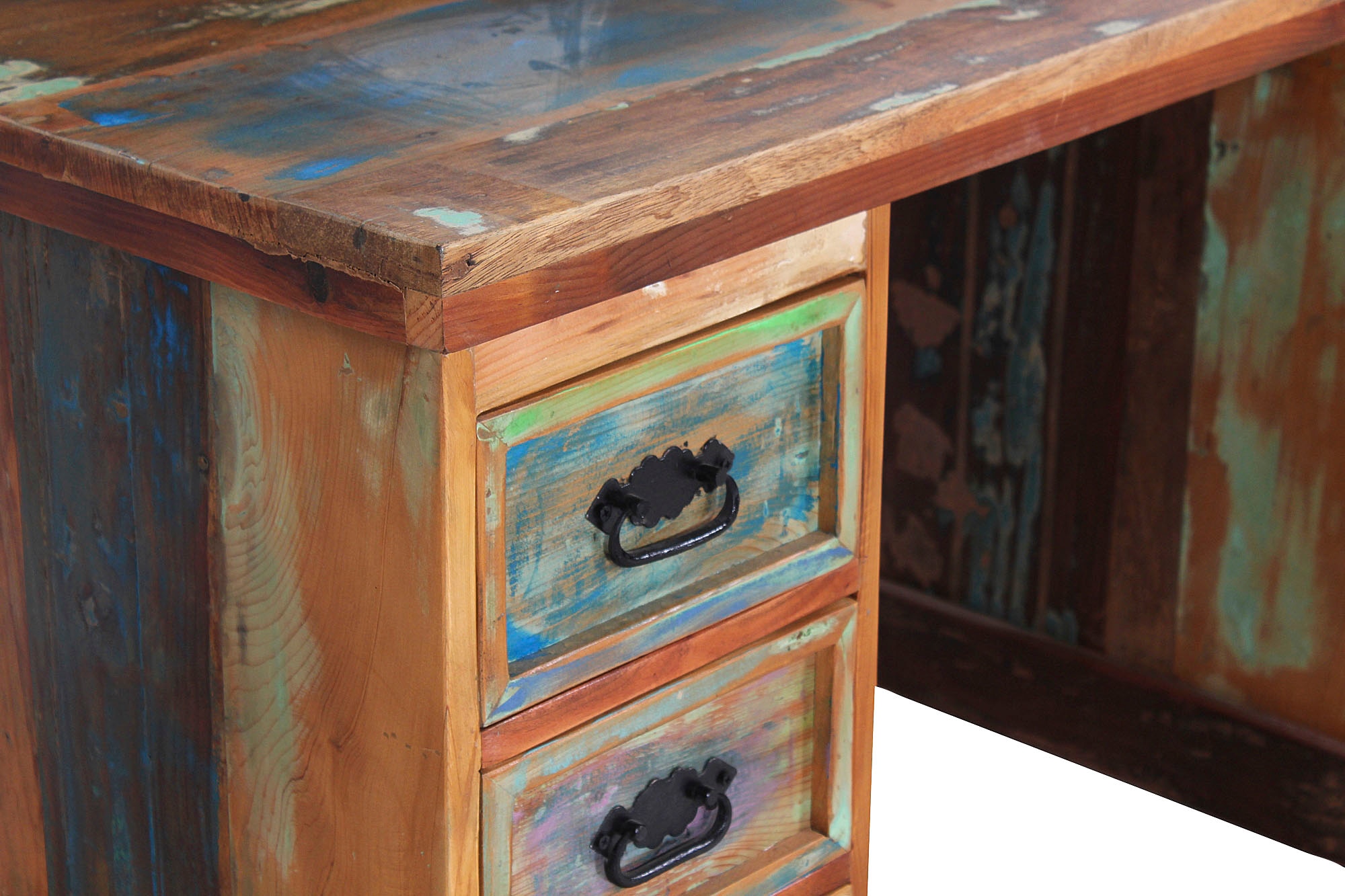 SIT Schreibtisch »Otranto aus Altholz mit 3 Schubladen und 1 Tür im Used Look« Bunt lackiertes Altholz mit authentischem Vintage-Used-Look